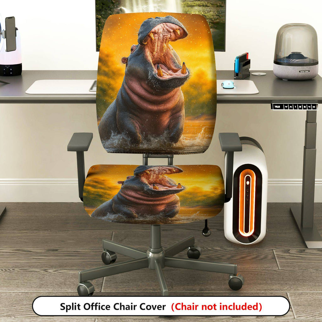 2-Piece Animal Nature Art Hippo Wildlife Vibrant  Computer Chair Cover Set, Seat and Backrest