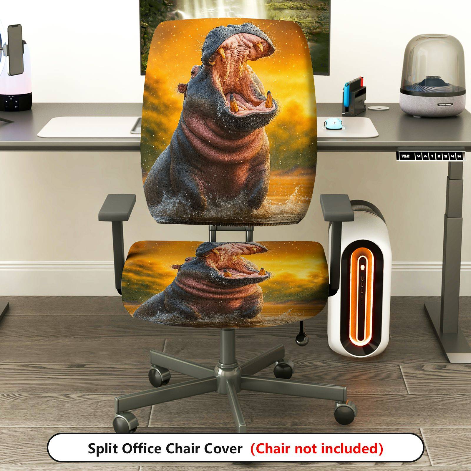 2-Piece Animal Nature Art Hippo Wildlife Vibrant  Computer Chair Cover Set, Seat and Backrest