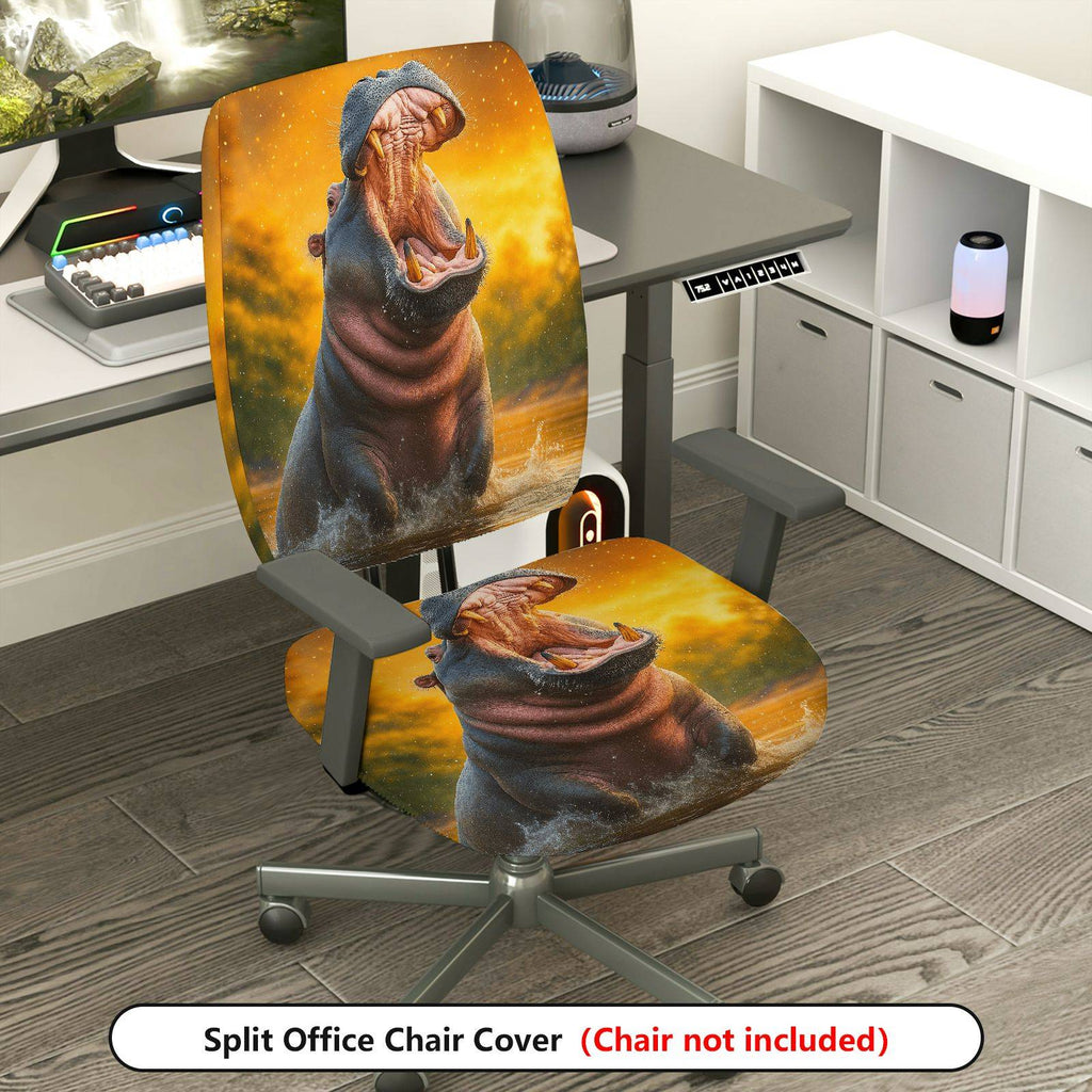 2-Piece Animal Nature Art Hippo Wildlife Vibrant  Computer Chair Cover Set, Seat and Backrest