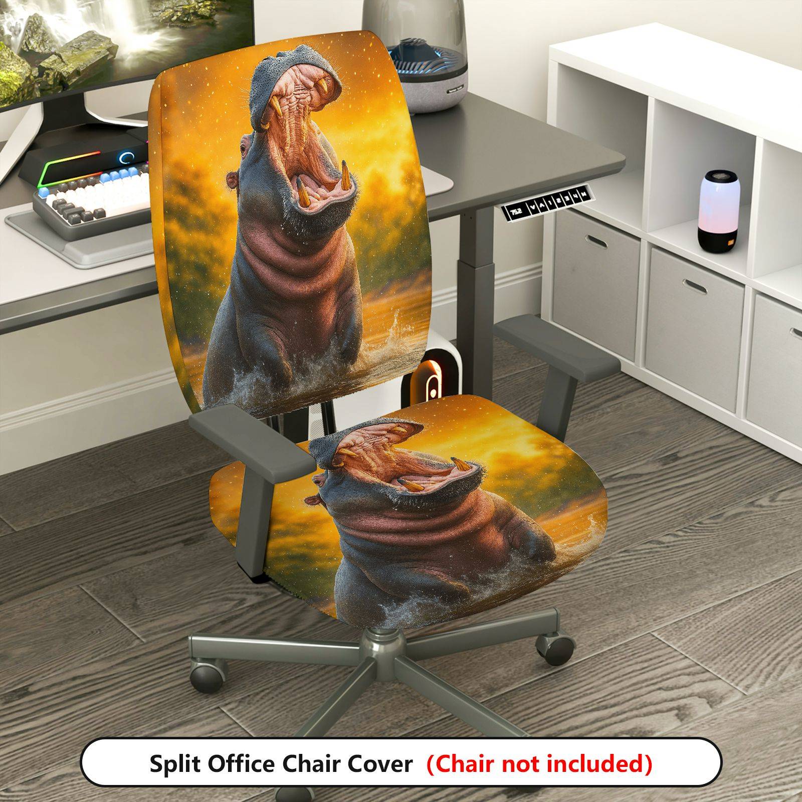 2-Piece Animal Nature Art Hippo Wildlife Vibrant  Computer Chair Cover Set, Seat and Backrest