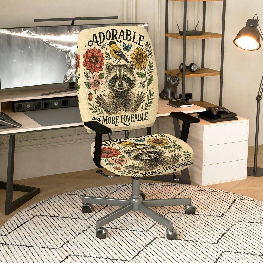 2-Piece Adorable Raccoon Floral Nature Animal  Computer Chair Cover Set, Seat and Backrest