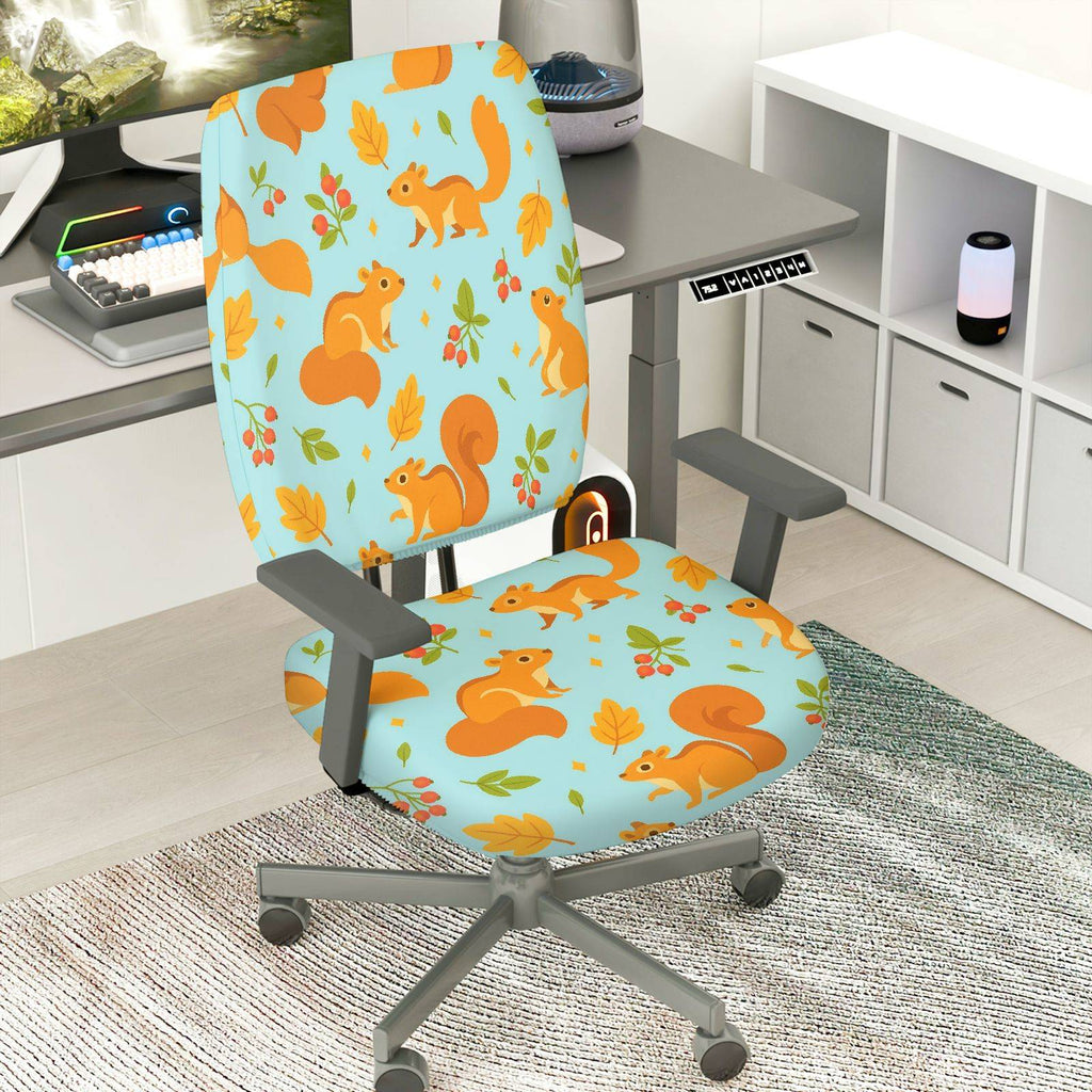 2-Piece Autumn Squirrel Leaves Berry  Computer Chair Cover Set, Seat and Backrest