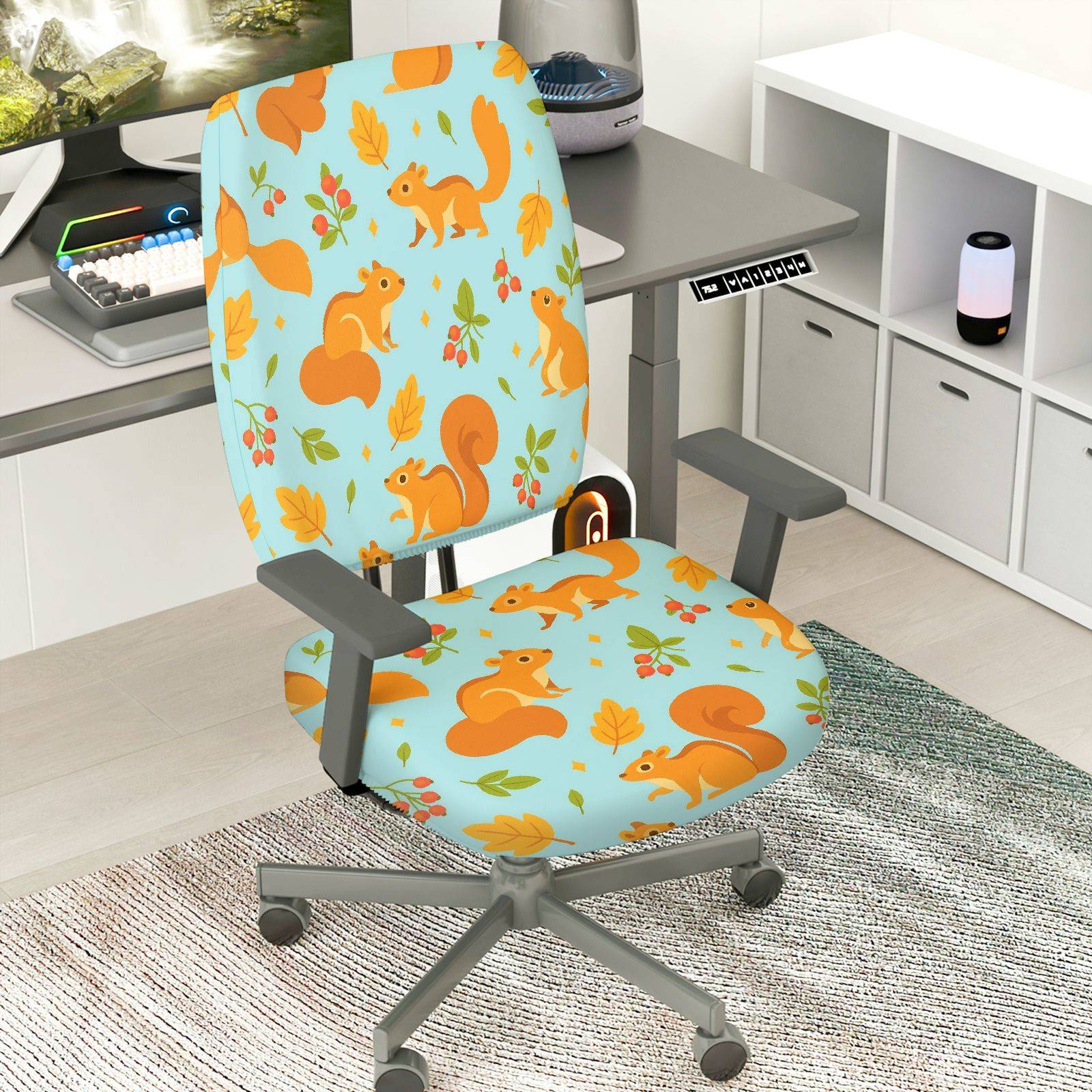 2-Piece Autumn Squirrel Leaves Berry  Computer Chair Cover Set, Seat and Backrest