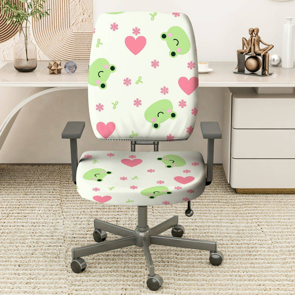 2-Piece Cute Frog Heart Flower  Computer Chair Cover Set, Seat and Backrest