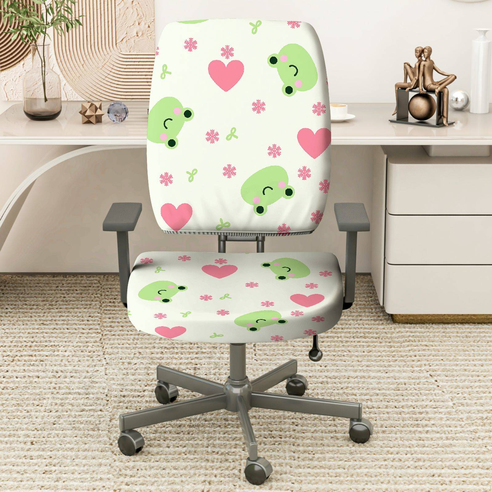 2-Piece Cute Frog Heart Flower  Computer Chair Cover Set, Seat and Backrest