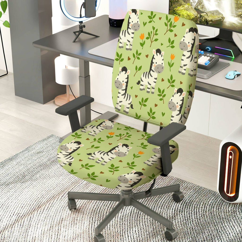 2-Piece Zebra Pattern Green Floral Fun Nature Animal  Computer Chair Cover Set, Seat and Backrest