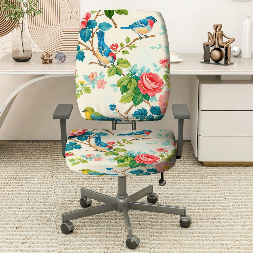 2-Piece Floral Bird Pattern Rose Spring Nature Garden  Computer Chair Cover Set, Seat and Backrest