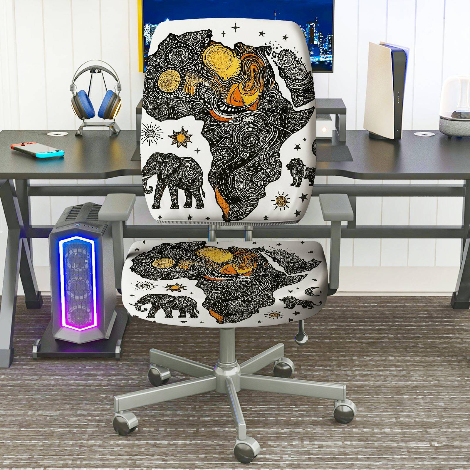 2-Piece African Continent Elephant Star Sun Moon  Computer Chair Cover Set, Seat and Backrest