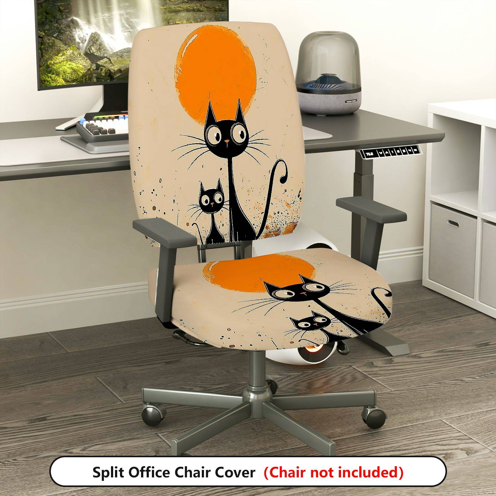 2-Piece Black Cat Moon Minimalist Art Fun Halloween  Computer Chair Cover Set, Seat and Backrest