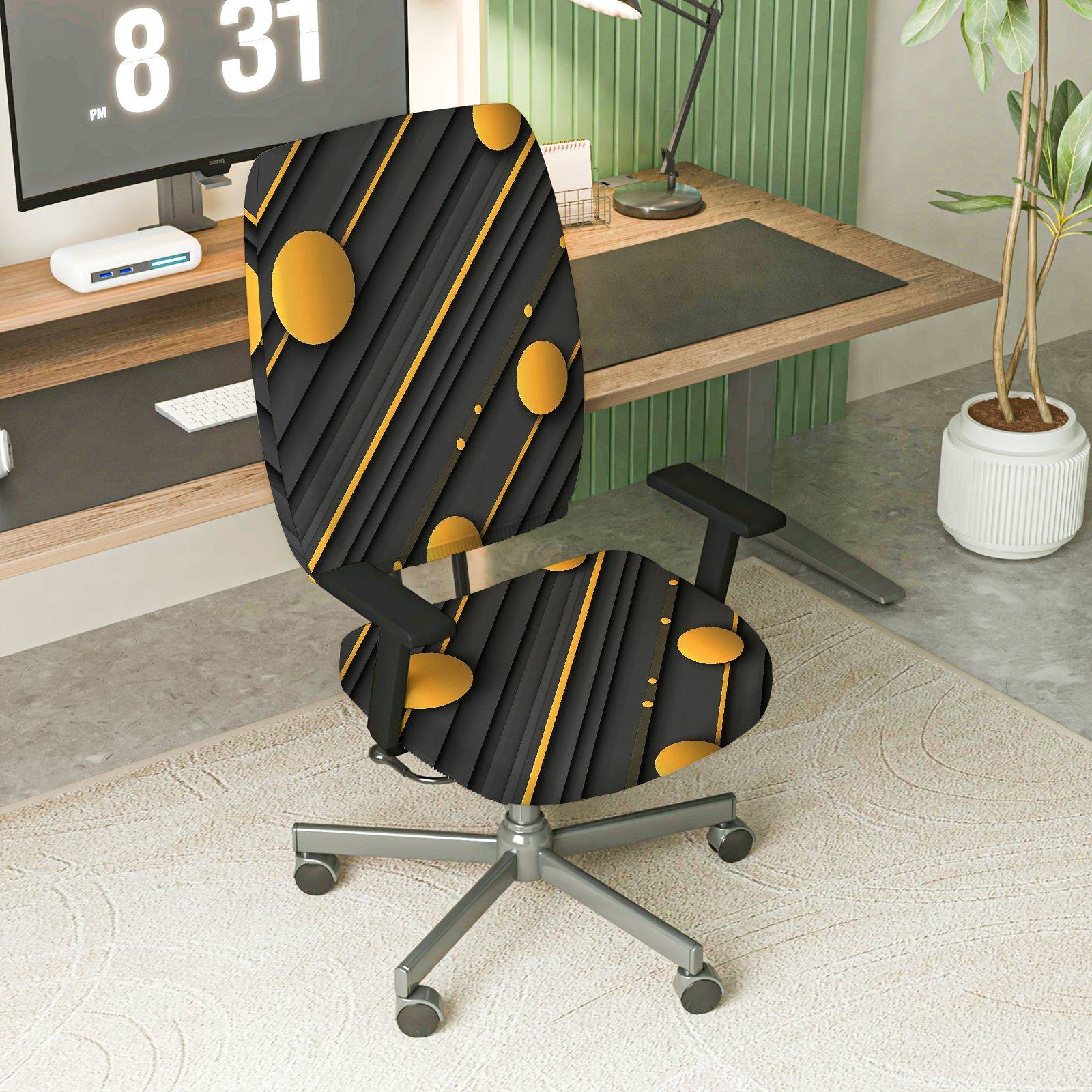 2-Piece Modern Geometric Yellow Black Stylish Trendy  Computer Chair Cover Set, Seat and Backrest