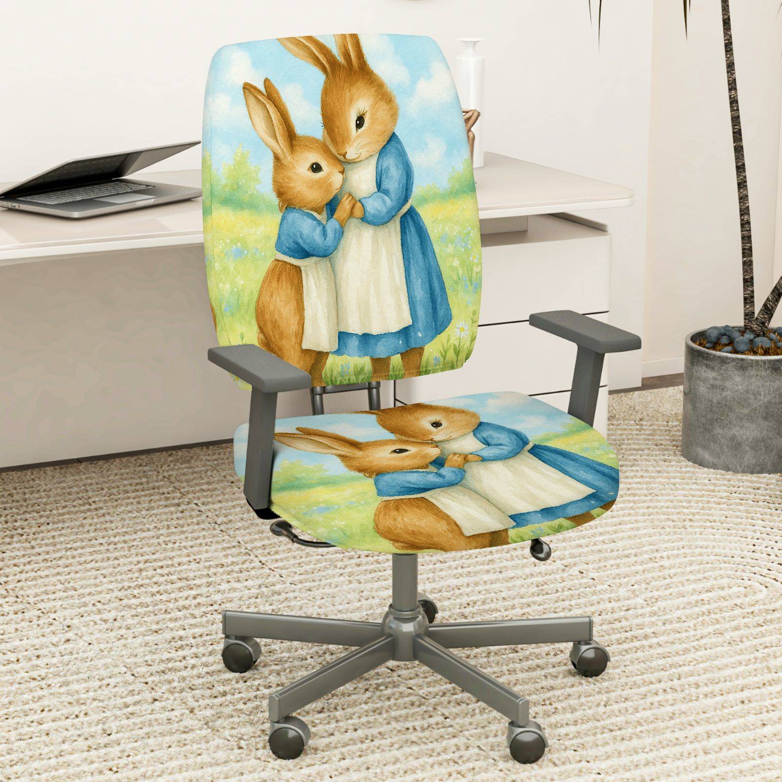 2-Piece Cute Animal Artistic Decorative Easter  Computer Chair Cover Set, Seat and Backrest