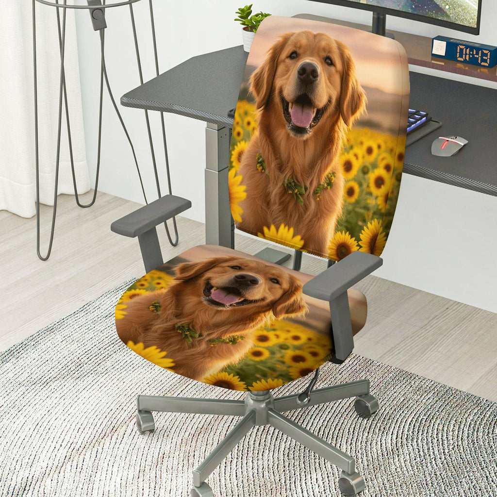 2-Piece Dog Sunflower Nature Joyful Happy  Computer Chair Cover Set, Seat and Backrest