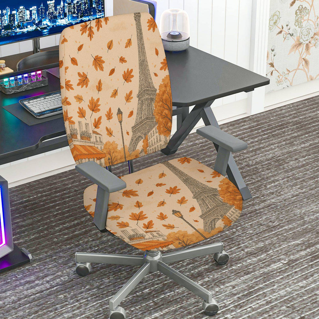 2-Piece Autumn Eiffel Tower Paris Leaves Scenic Print  Computer Chair Cover Set, Seat and Backrest