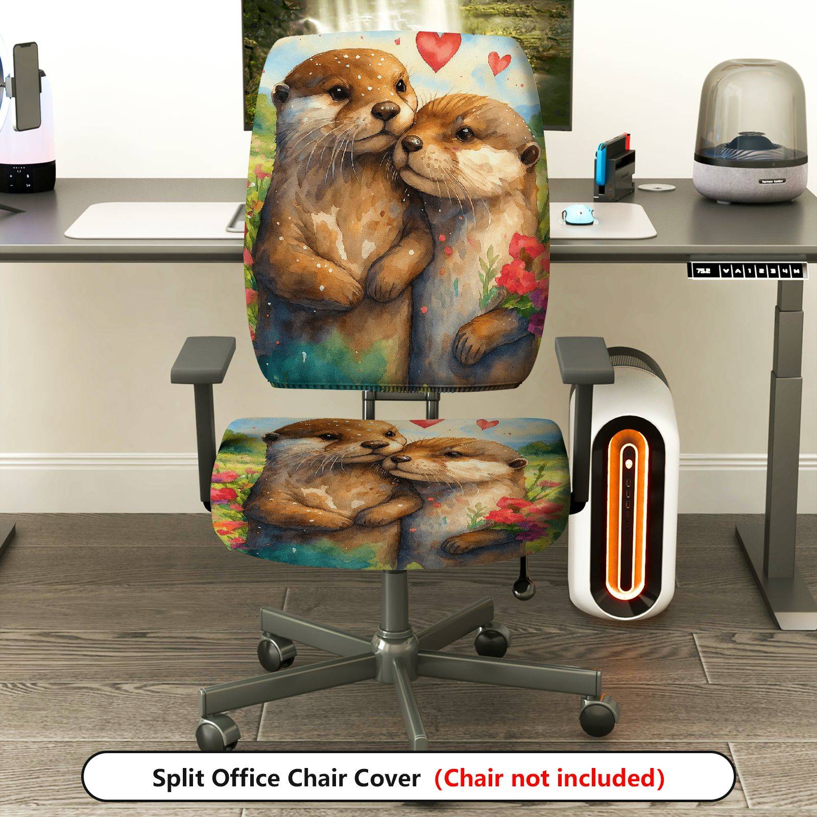 2-Piece Adorable Otter Heart Nature Floral  Computer Chair Cover Set, Seat and Backrest