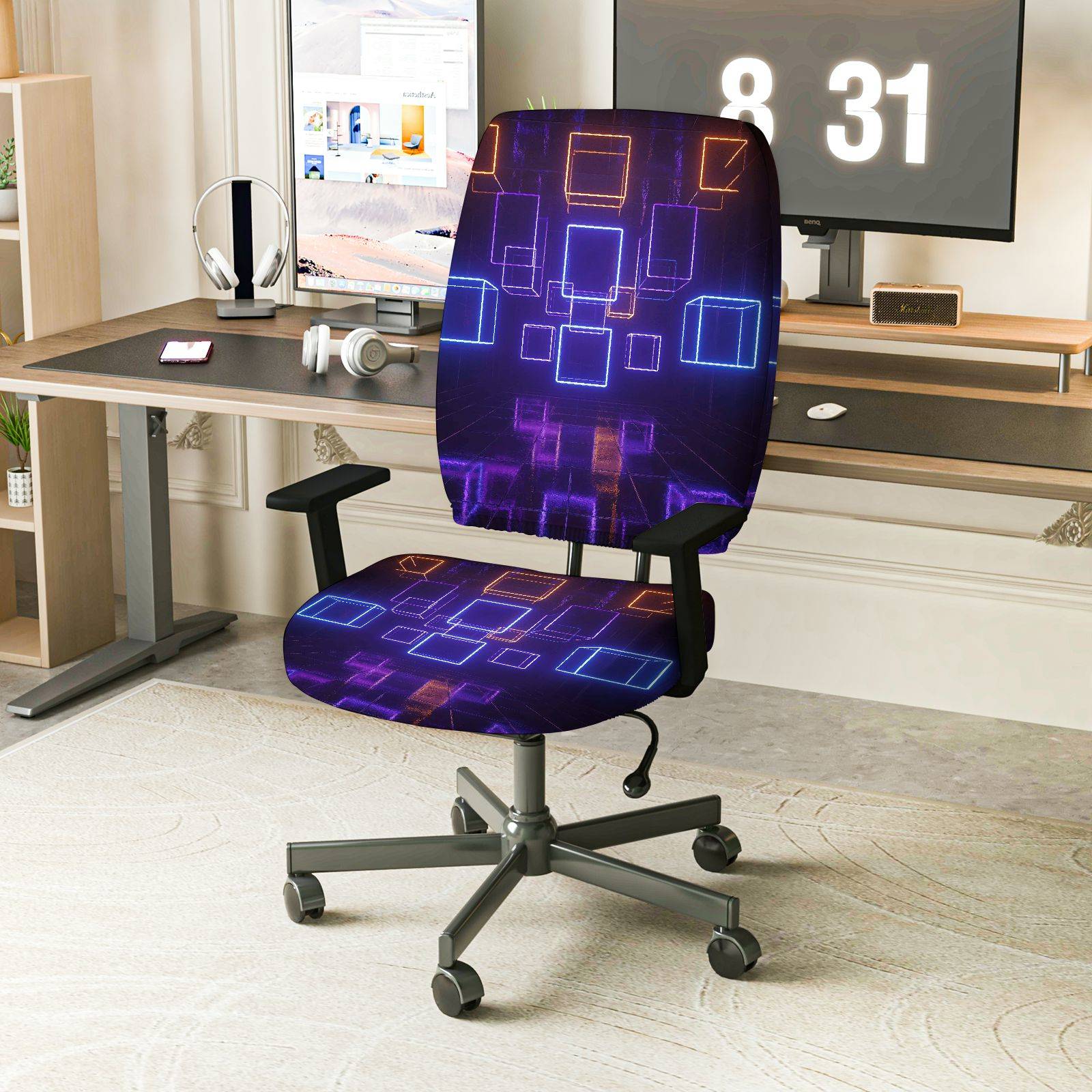 2-Piece Digital Geometric Abstract Cyber Tech  Computer Chair Cover Set, Seat and Backrest
