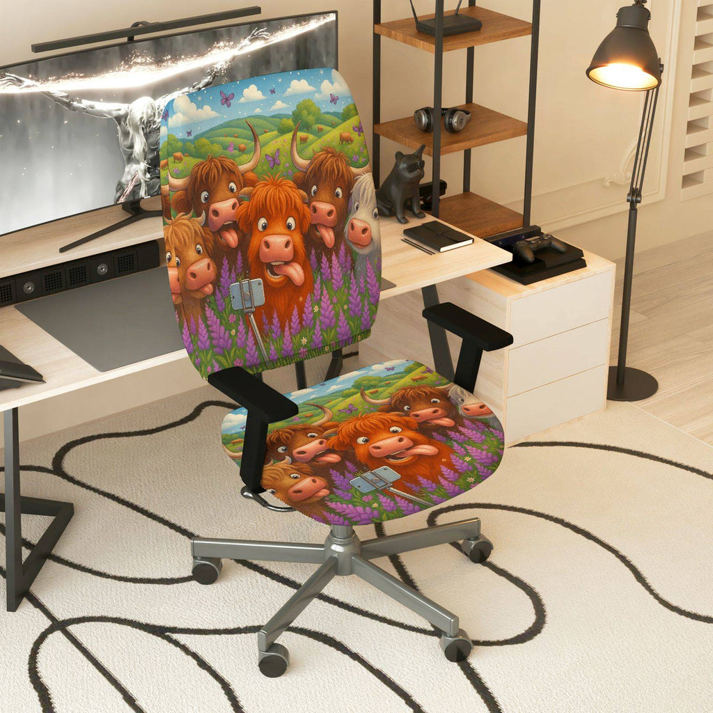2-Piece Animal Pastoral Highland Cow Farm Nature  Computer Chair Cover Set, Seat and Backrest