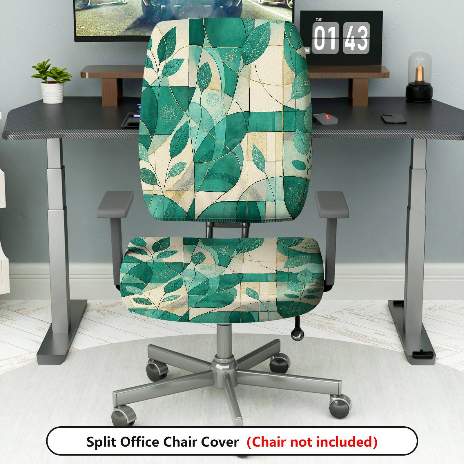 2-Piece Green Leaf Abstract Geometric Pattern Decorative  Computer Chair Cover Set, Seat and Backrest