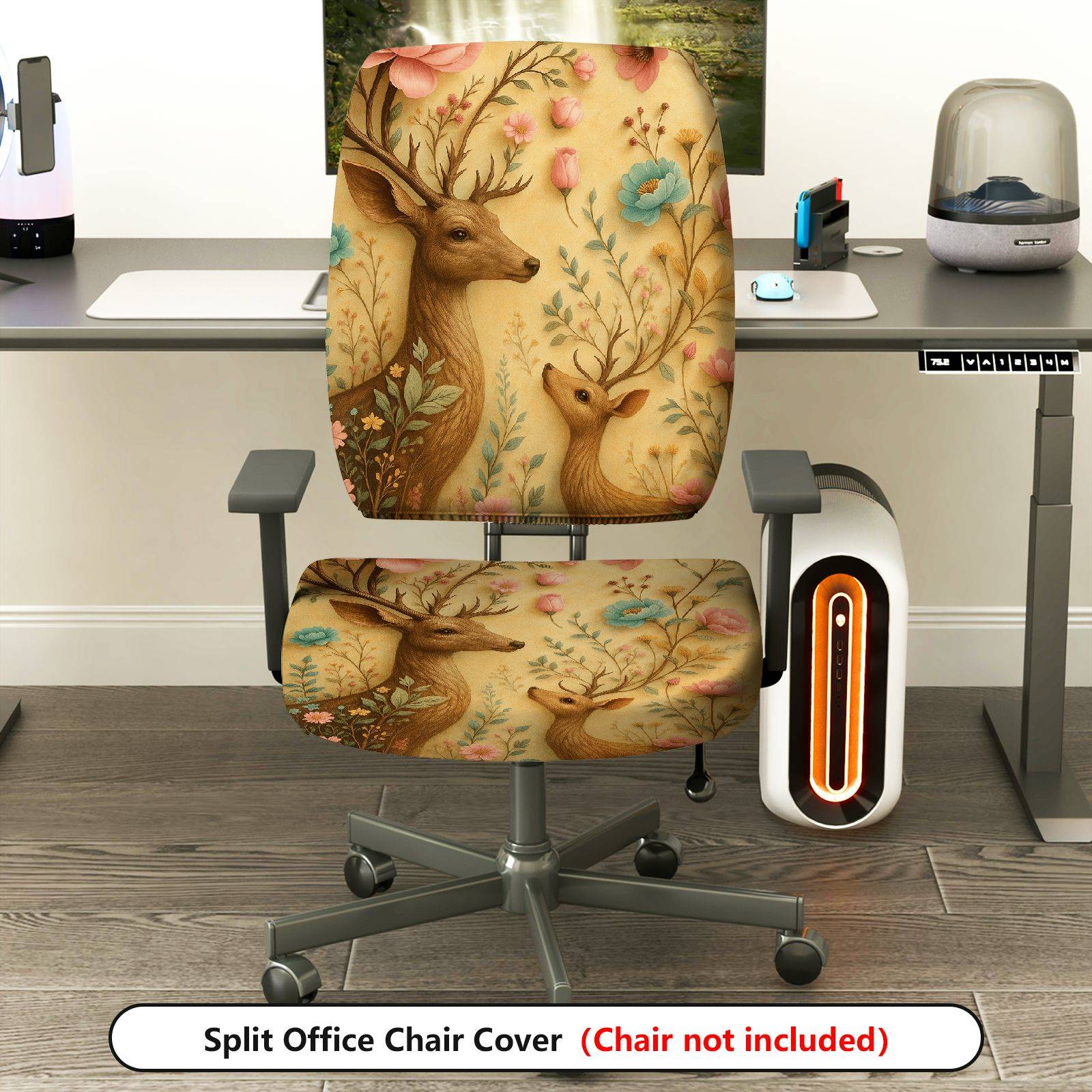 2-Piece Animal Floral Pattern Nature Deer Colorful  Computer Chair Cover Set, Seat and Backrest