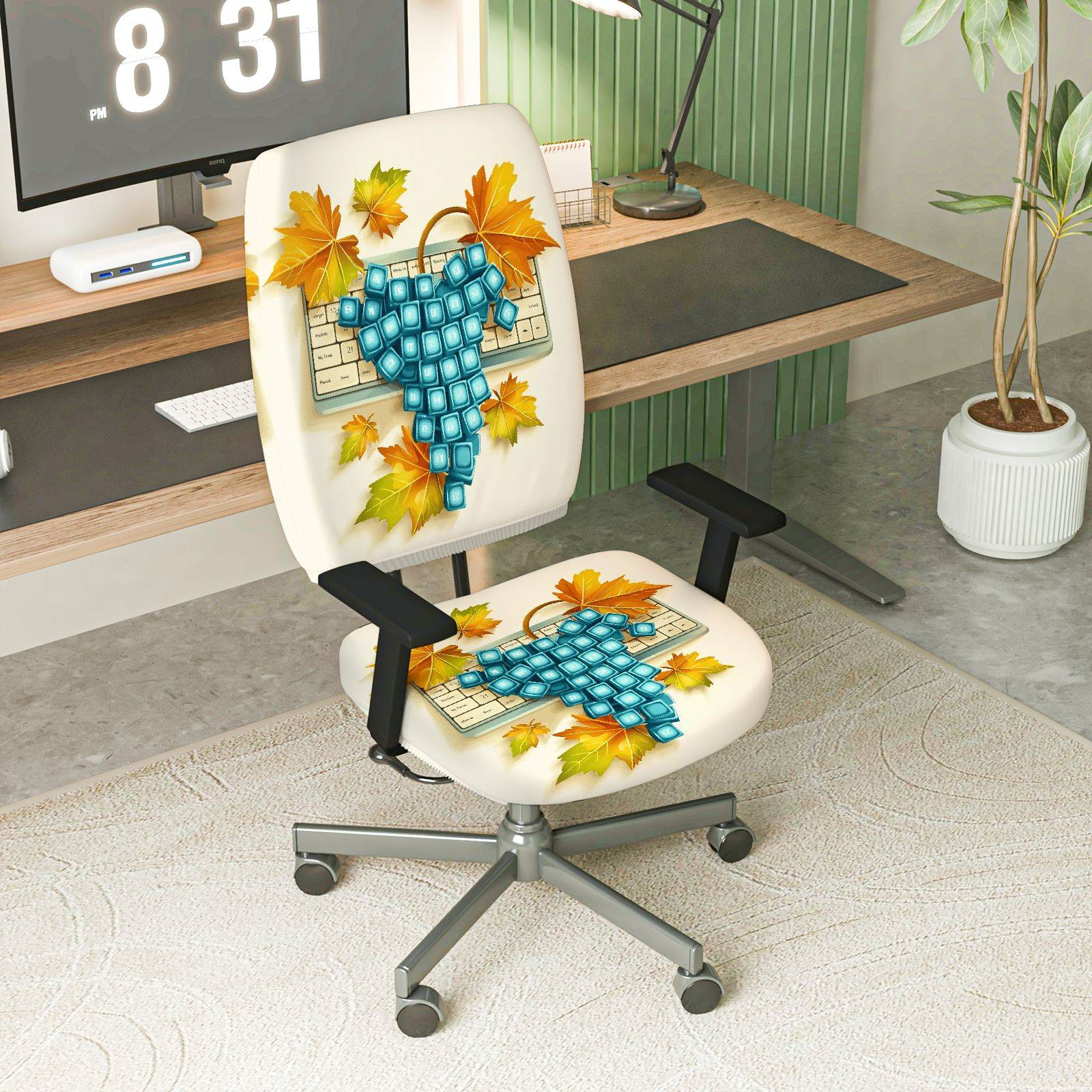2-Piece Autumn Leaves Keyboard Pattern  Computer Chair Cover Set, Seat and Backrest