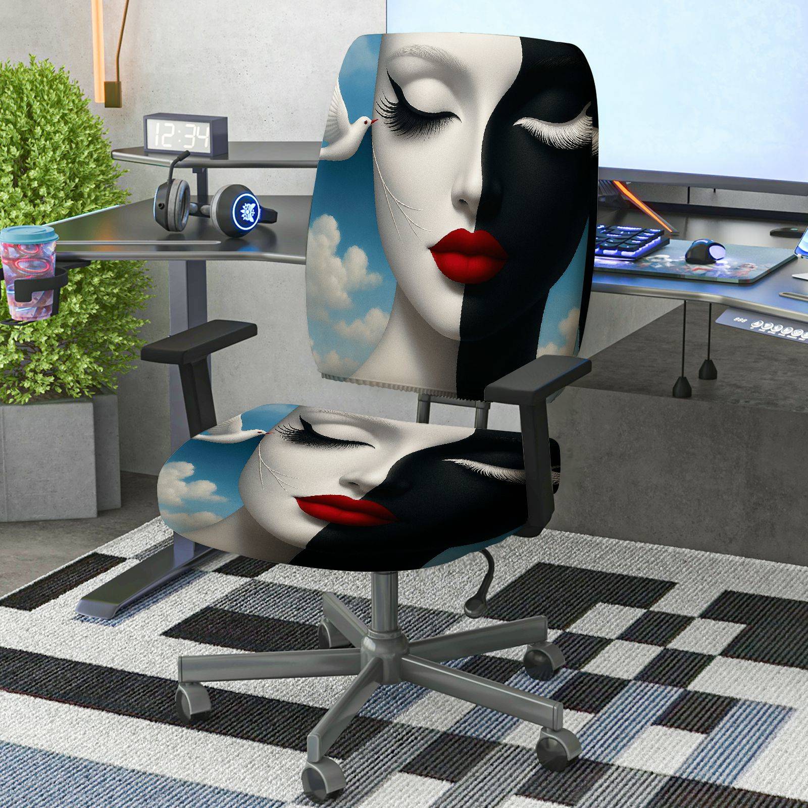 2-Piece Artistic Abstract Cloud Face Modern Lip  Computer Chair Cover Set, Seat and Backrest