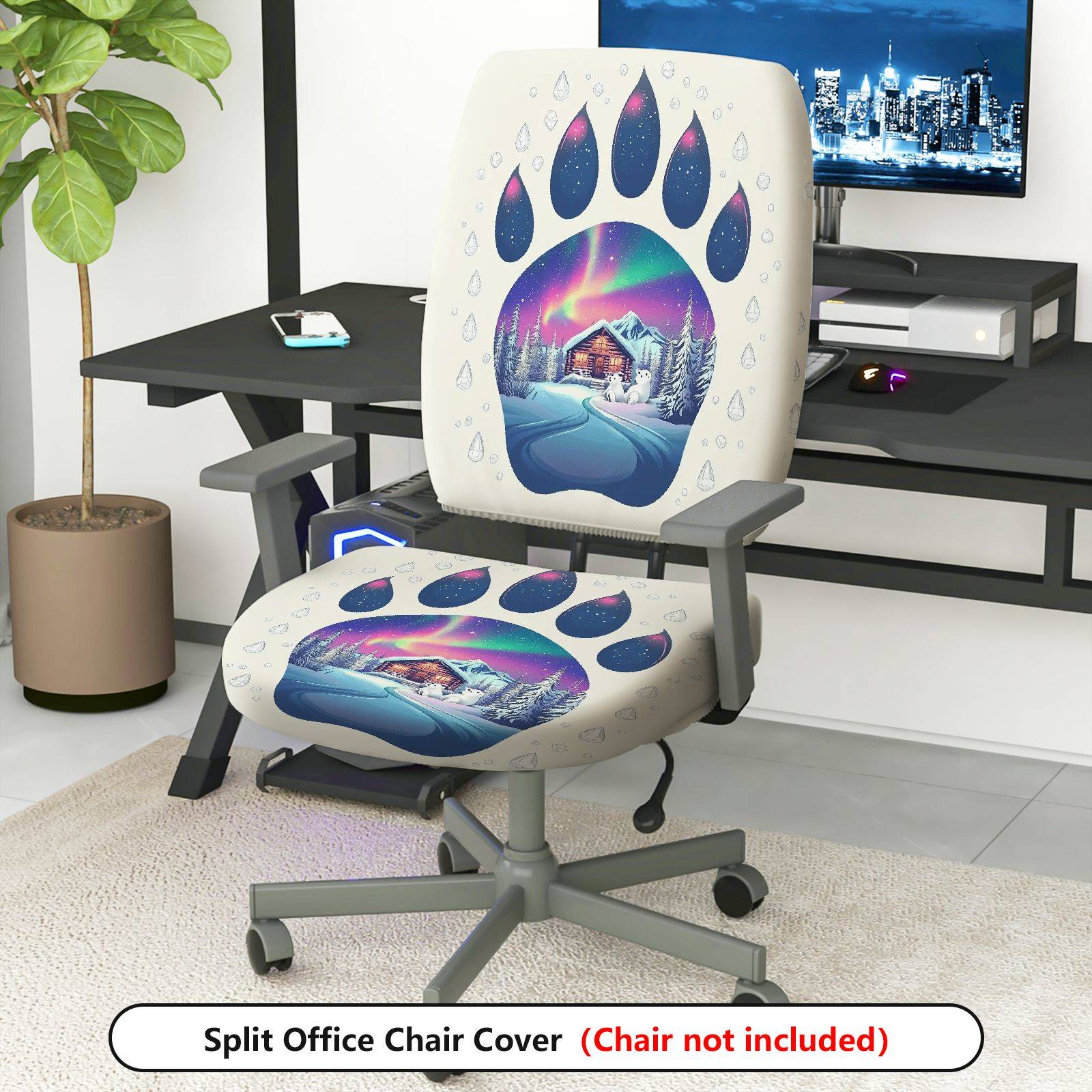 2-Piece Aurora Winter Cabin Snowflake Paw  Computer Chair Cover Set, Seat and Backrest