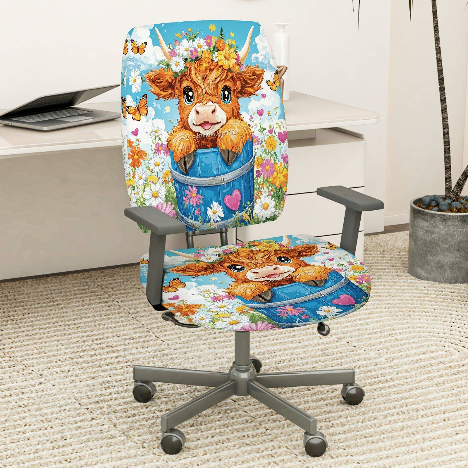 2-Piece Cute Floral Animal Pastoral Spring  Computer Chair Cover Set, Seat and Backrest