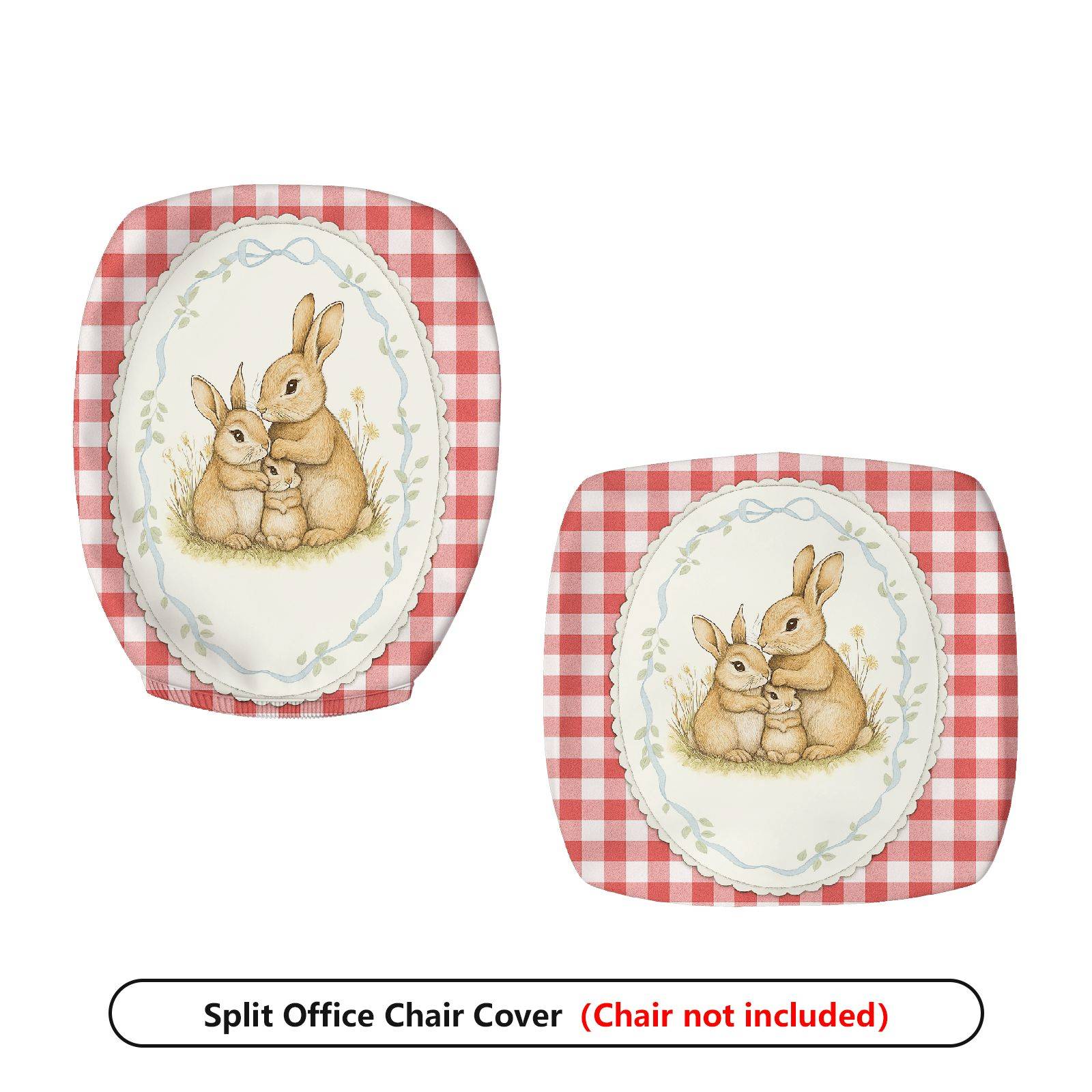 2-Piece Cute Bunny Red Plaid Spring Easter  Computer Chair Cover Set, Seat and Backrest