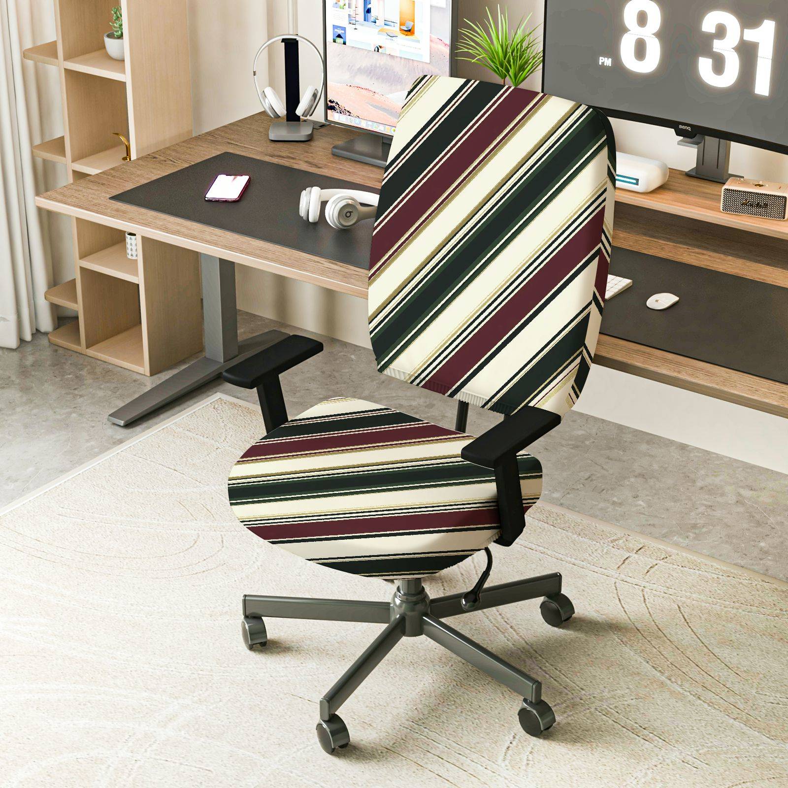 2-Piece Striped Colorful Geometric Modern Stylish  Computer Chair Cover Set, Seat and Backrest