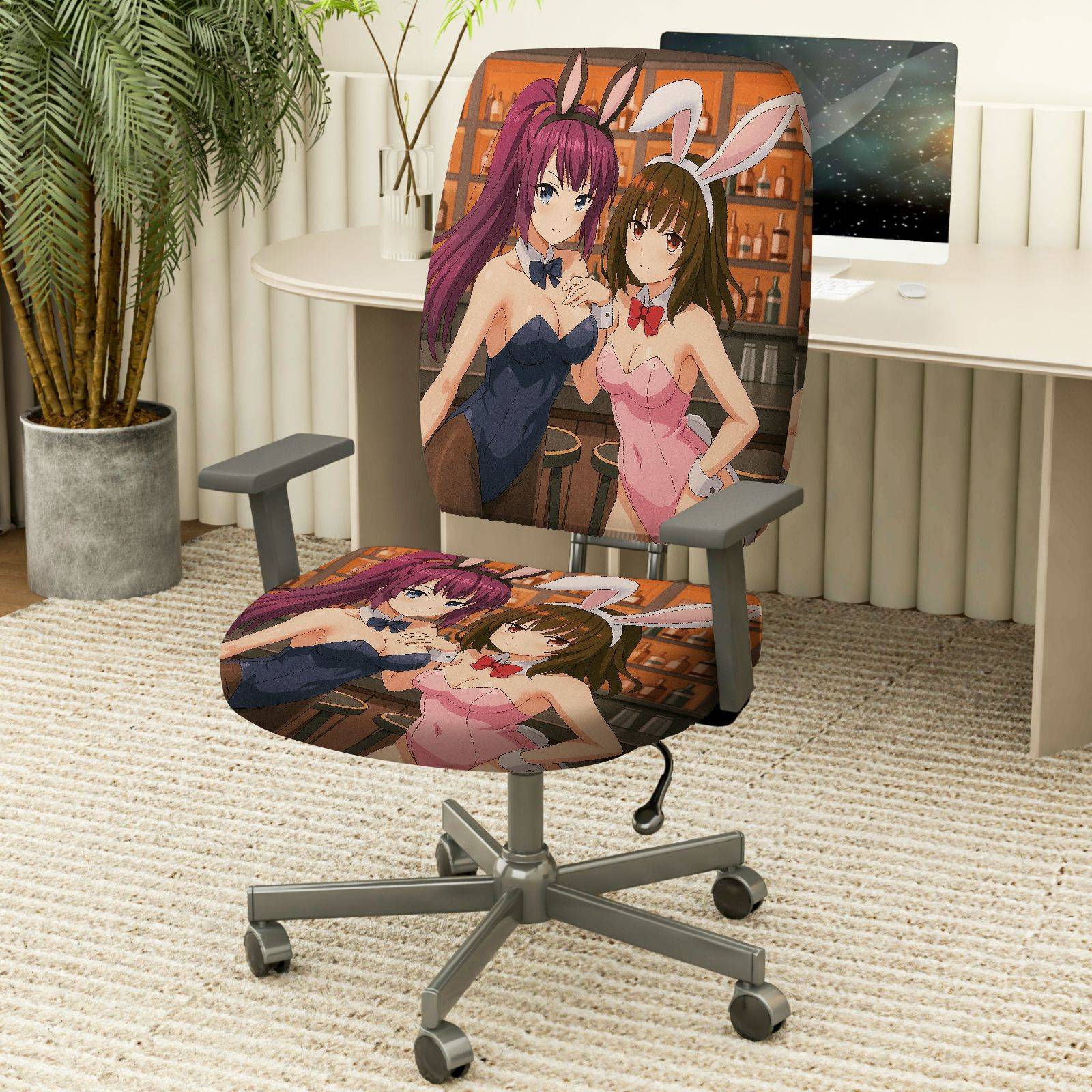 2-Piece Anime Bunny Girl Bar Style Gaming  Computer Chair Cover Set, Seat and Backrest