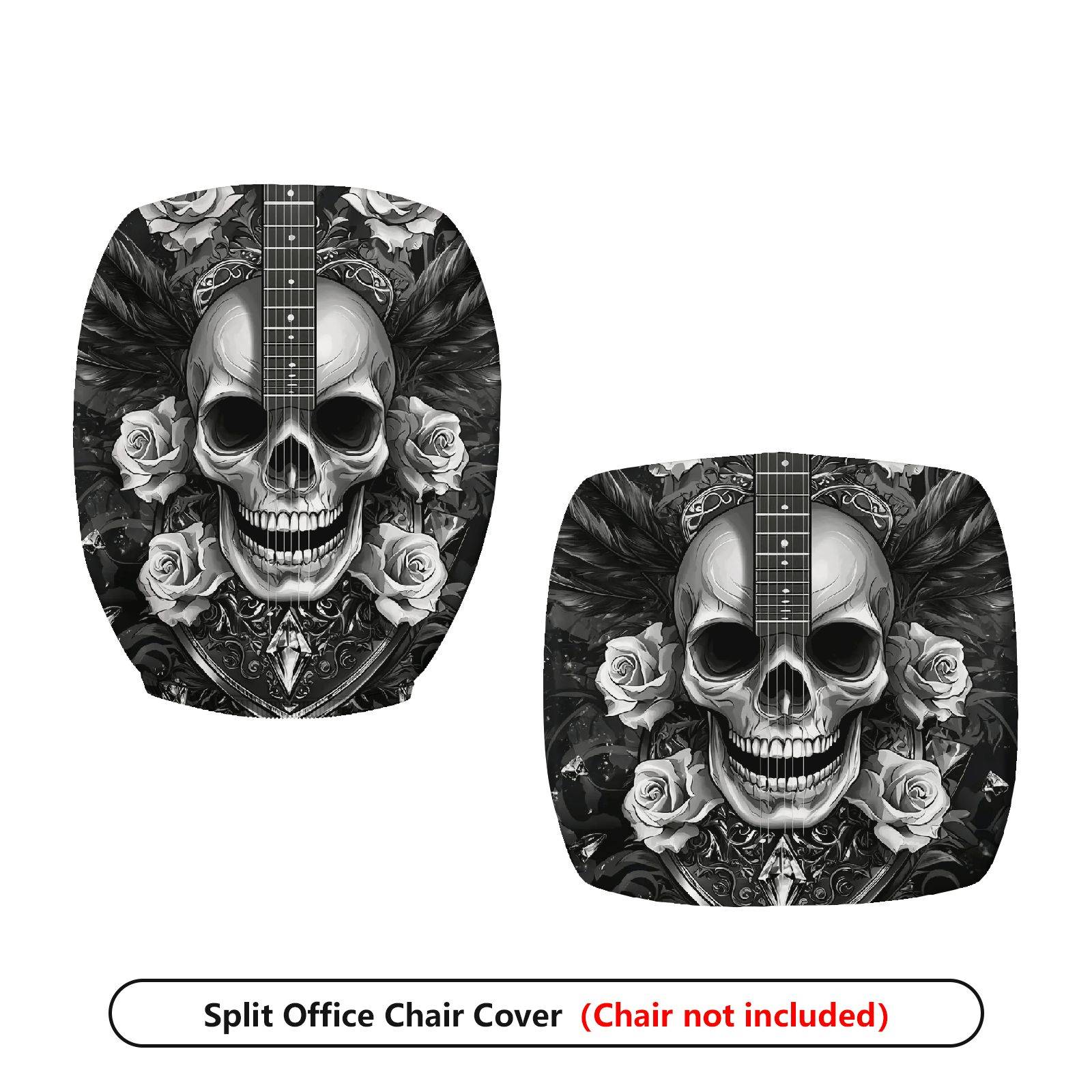 2-Piece Gothic Rose Guitar Black White Printed  Computer Chair Cover Set, Seat and Backrest