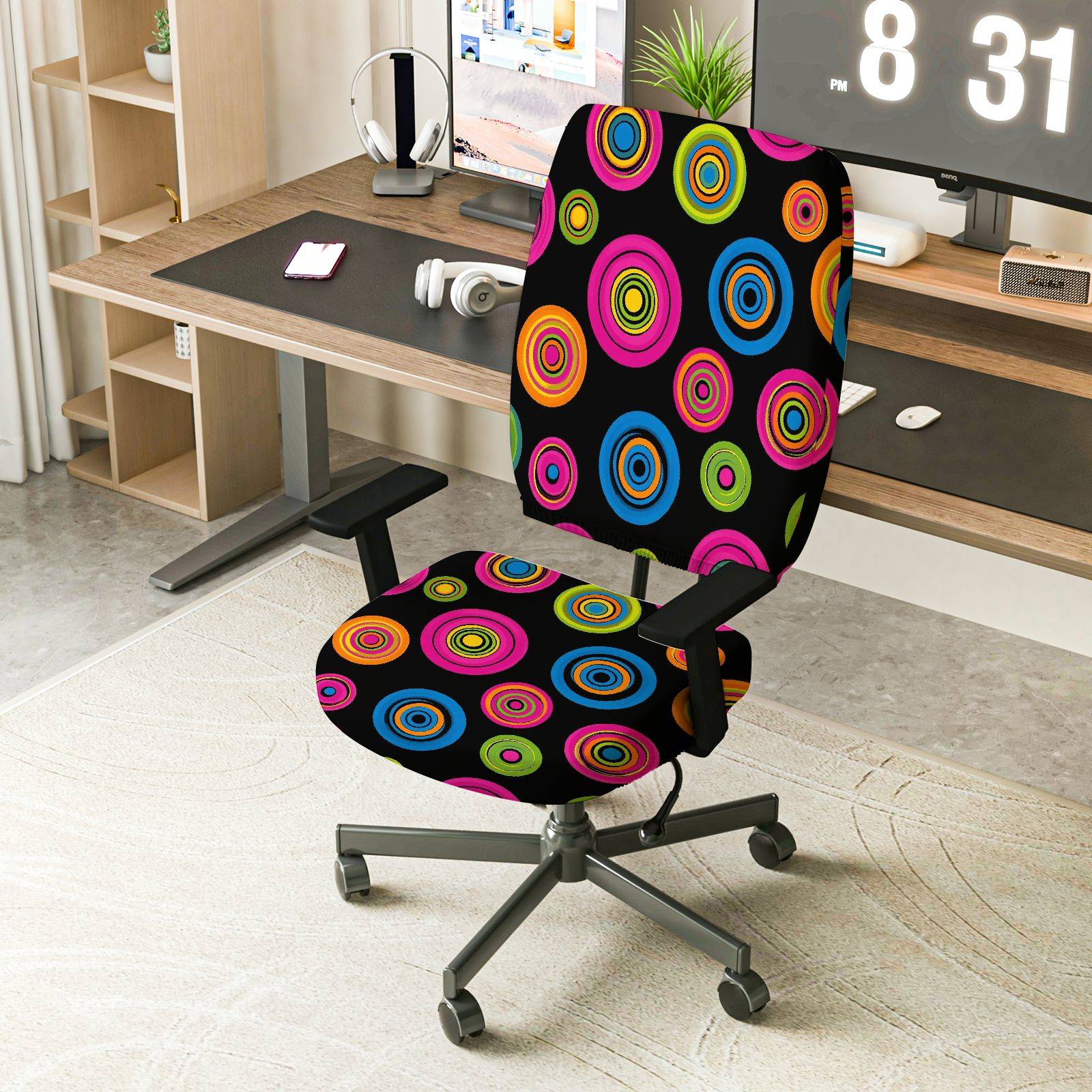 2-Piece Colorful Geometric Circle Fun Vibrant  Computer Chair Cover Set, Seat and Backrest