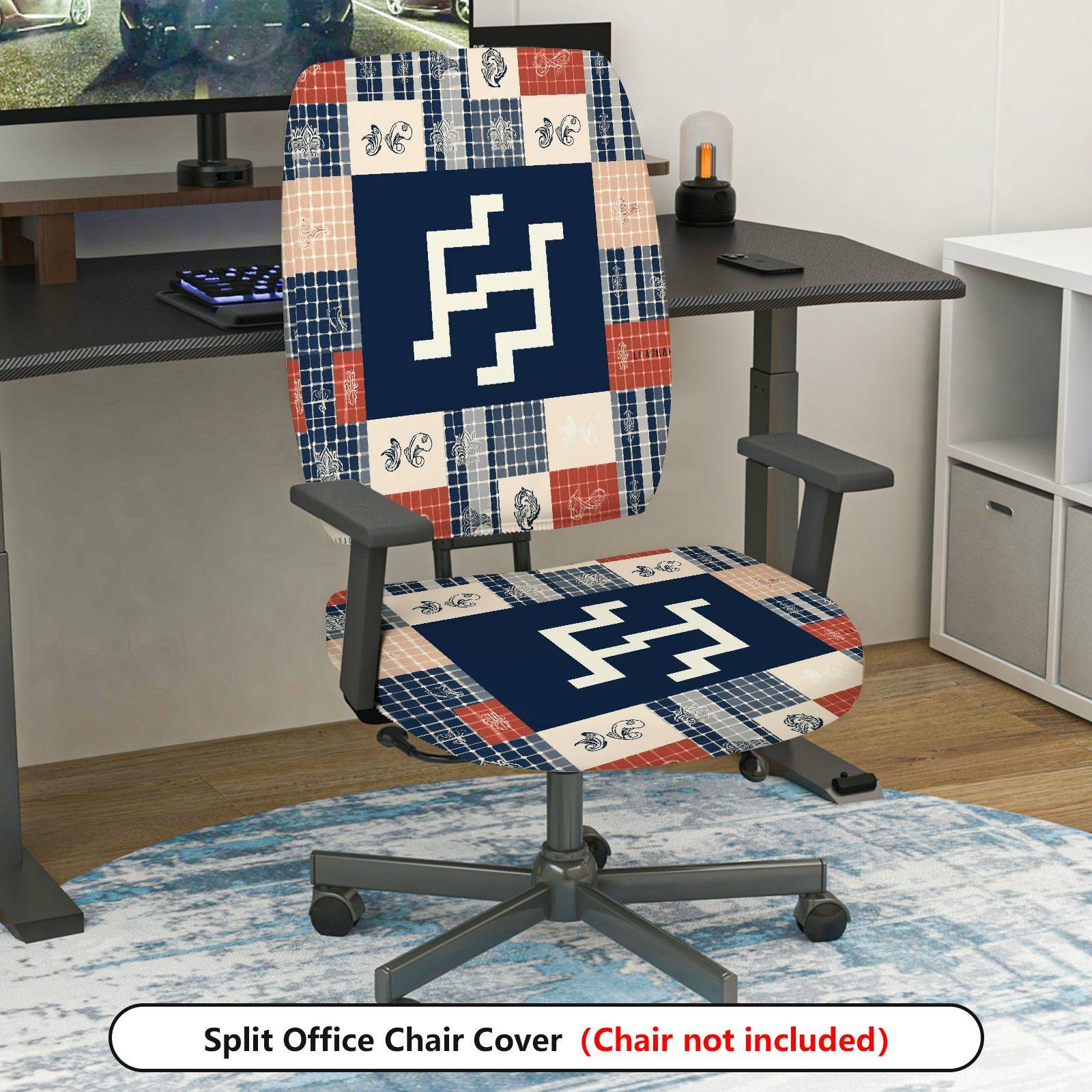 2-Piece Geometric Abstract Plaid Patchwork Boho  Computer Chair Cover Set, Seat and Backrest