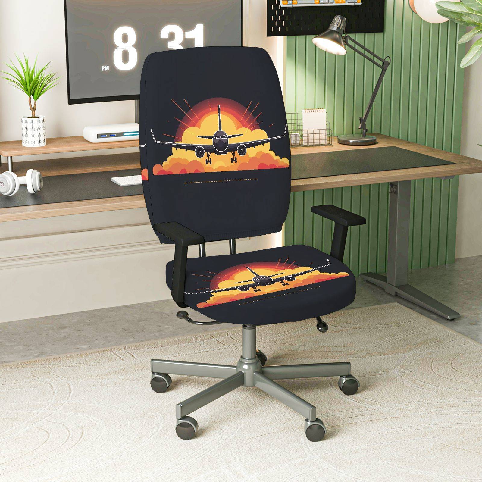 2-Piece Airplane Sunset Clouds Journey Adventure Travel  Computer Chair Cover Set, Seat and Backrest