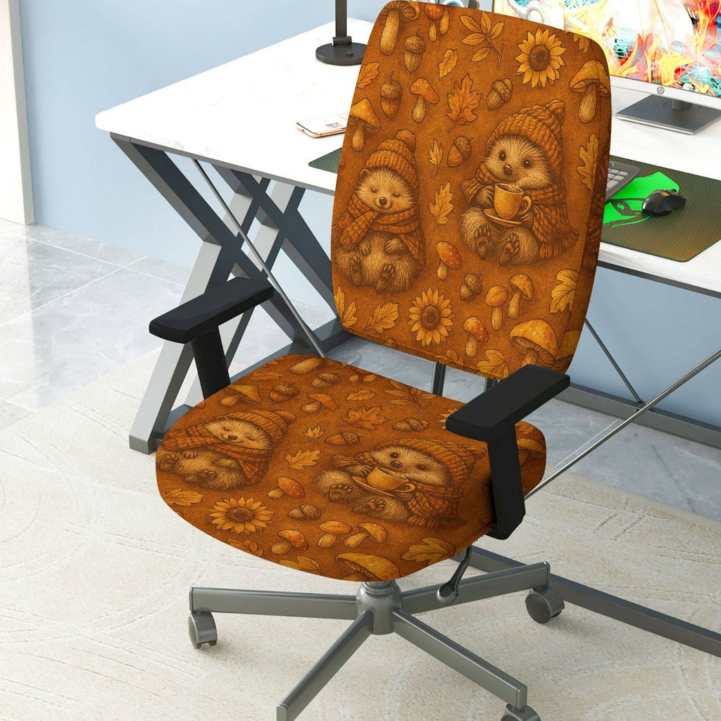 2-Piece Autumn Hedgehog Sunflower Leaf Mushroom  Computer Chair Cover Set, Seat and Backrest