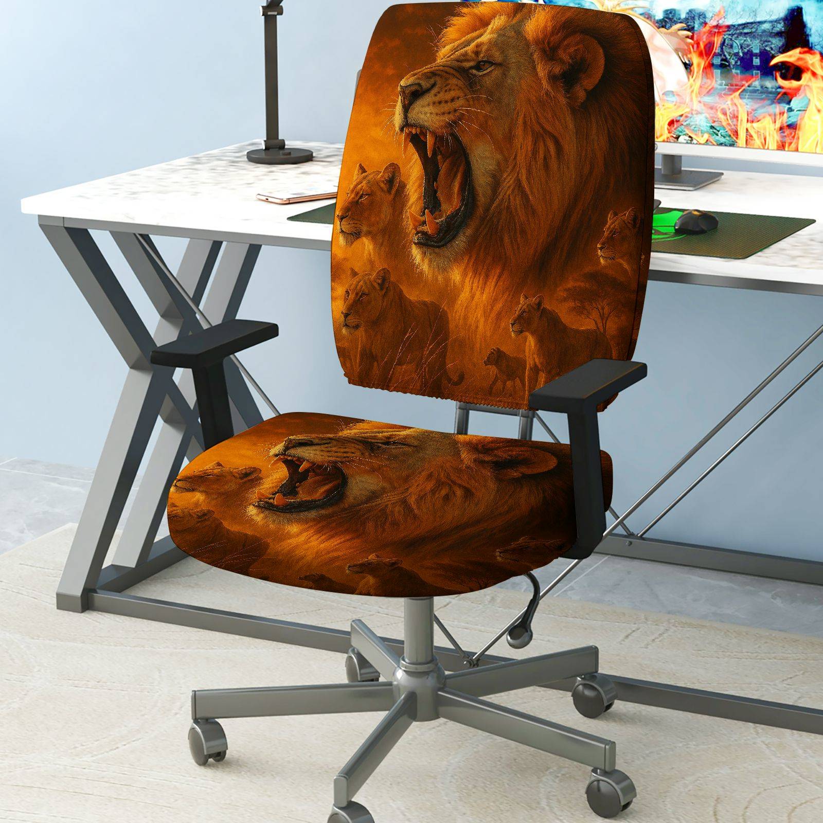 2-Piece Animal Lion Wildlife Nature Stylish  Computer Chair Cover Set, Seat and Backrest