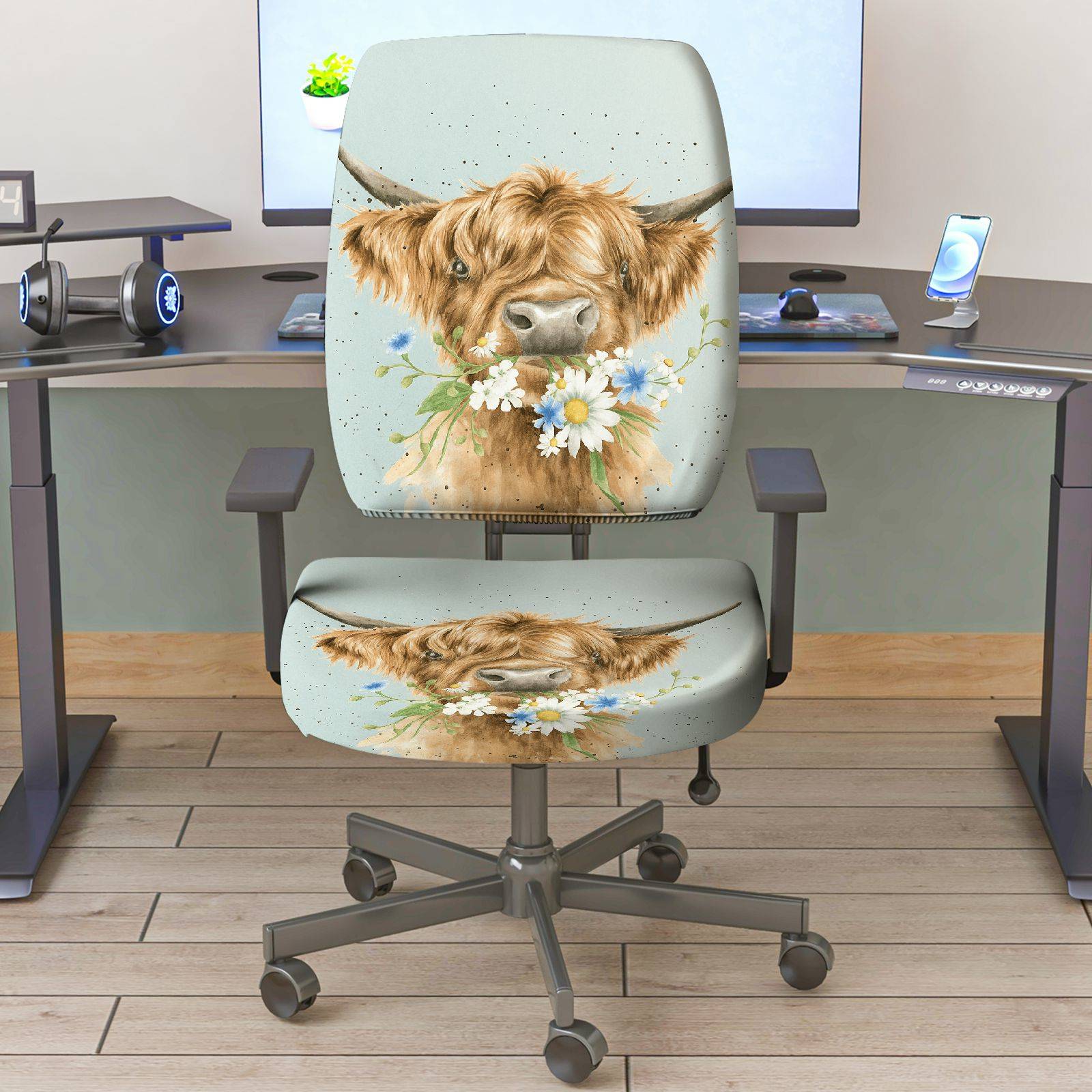 2-Piece Cute Animal Highland Cow Floral Printed Pastoral Style  Computer Chair Cover Set, Seat and Backrest