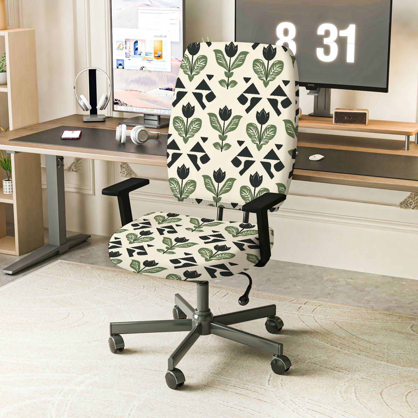 2-Piece Floral Geometric Green Leaf Pattern  Computer Chair Cover Set, Seat and Backrest