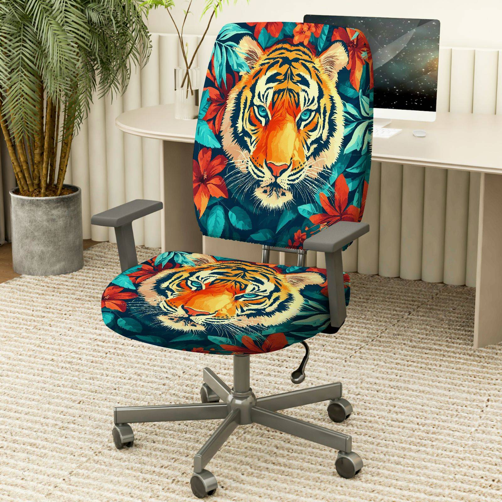 2-Piece Tiger Floral Animal Art Nature Wildlife  Computer Chair Cover Set, Seat and Backrest