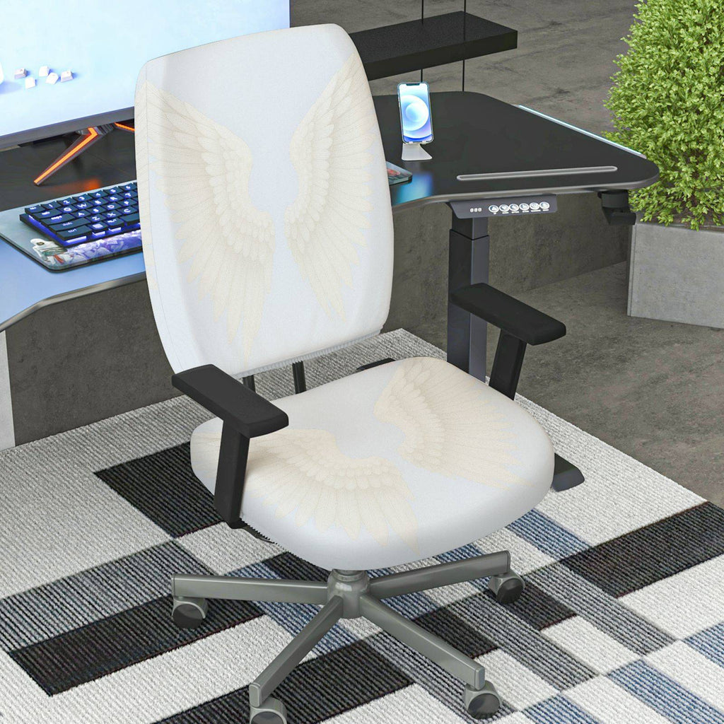 2-Piece Angel Wing Pattern White Elegant Decorative Stylish  Computer Chair Cover Set, Seat and Backrest