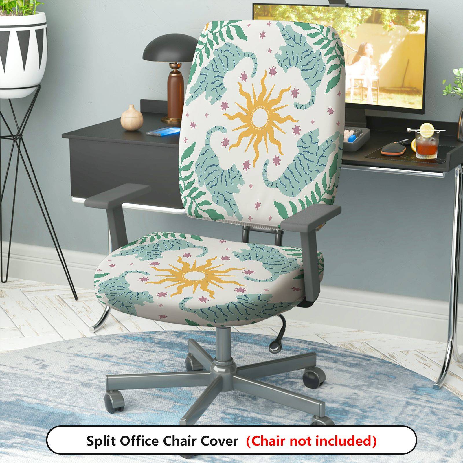 2-Piece Animal Sun Tiger Star Pattern  Computer Chair Cover Set, Seat and Backrest
