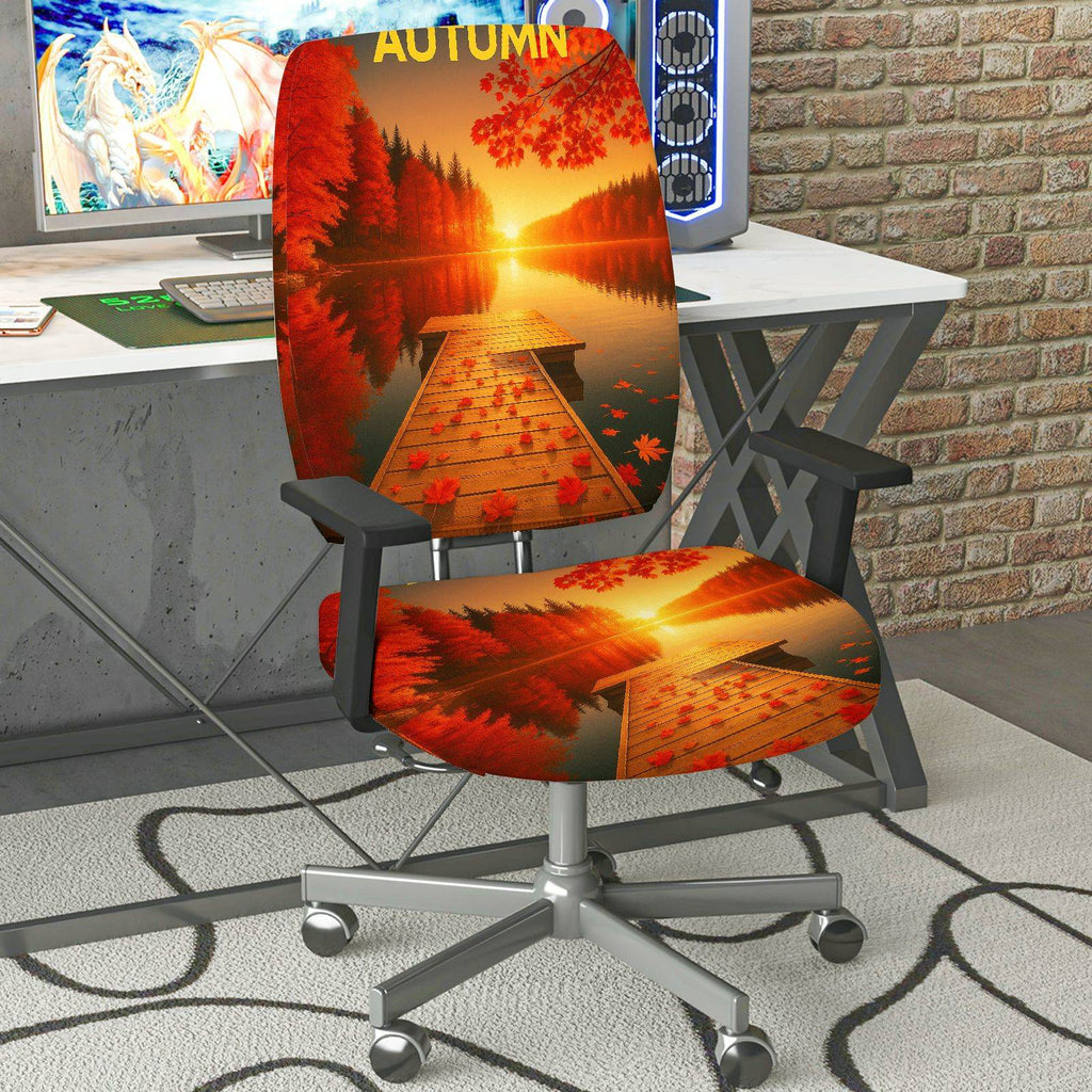 2-Piece Autumn Sunset Lake Nature Scenery  Computer Chair Cover Set, Seat and Backrest