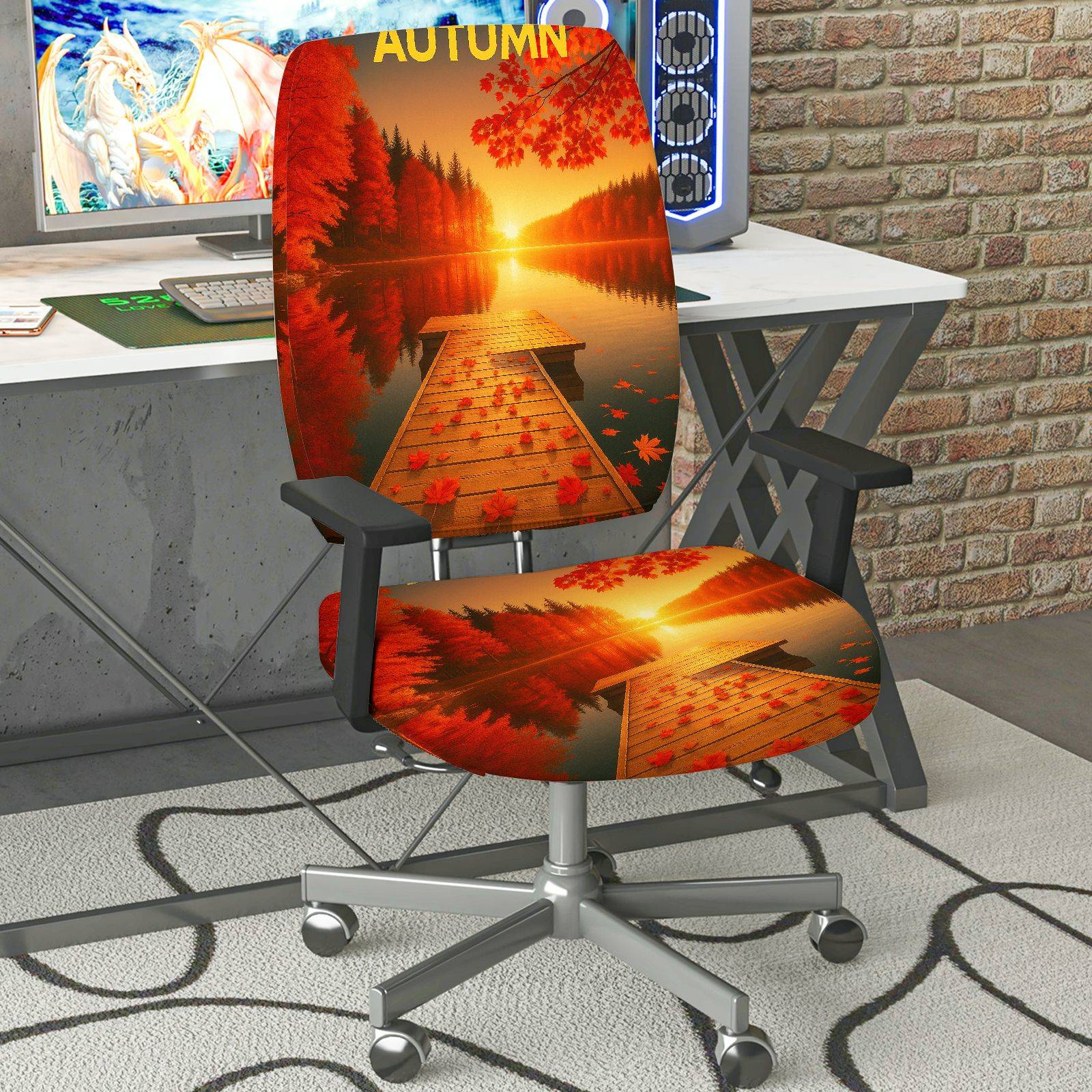 2-Piece Autumn Sunset Lake Nature Scenery  Computer Chair Cover Set, Seat and Backrest