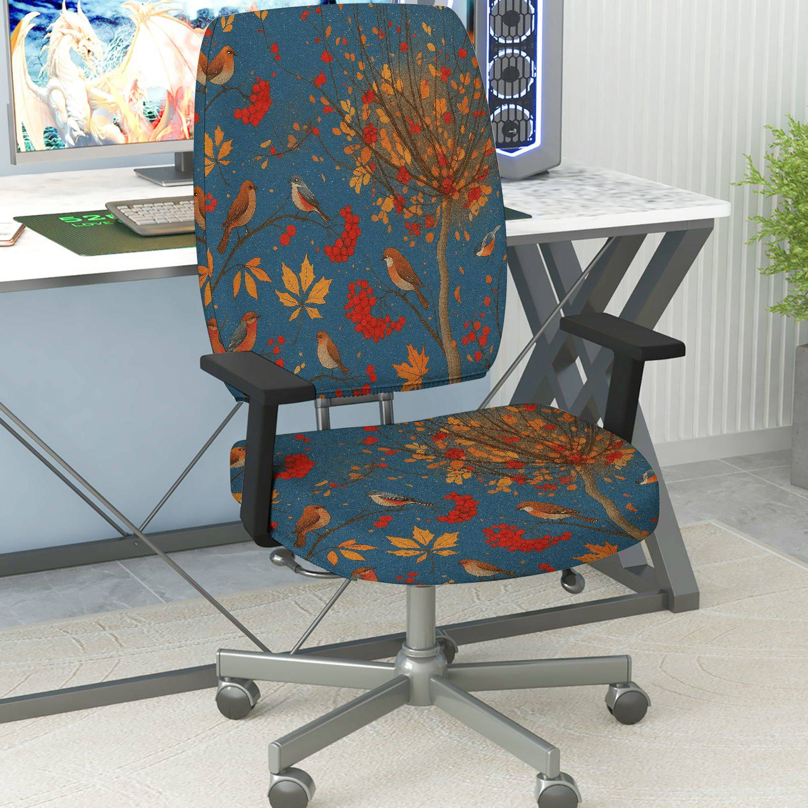 2-Piece Autumn Birds Leaves Tree Nature  Computer Chair Cover Set, Seat and Backrest