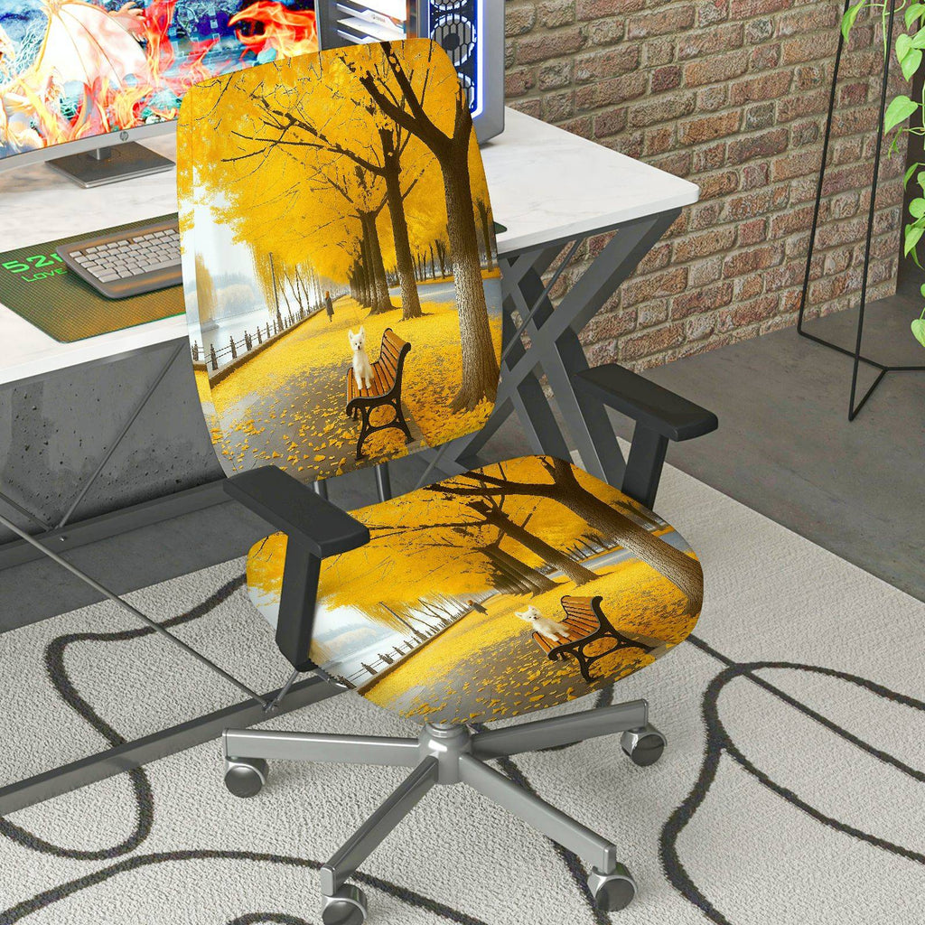 2-Piece Autumn Forest Yellow Tree Dog Theme  Computer Chair Cover Set, Seat and Backrest