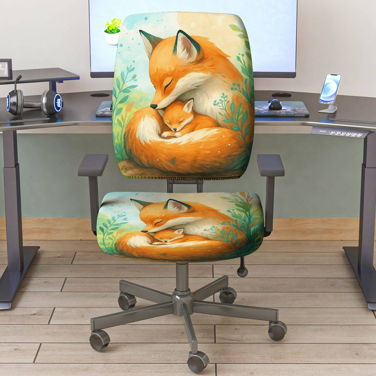 2-Piece Animal Art Fox Forest  Computer Chair Cover Set, Seat and Backrest