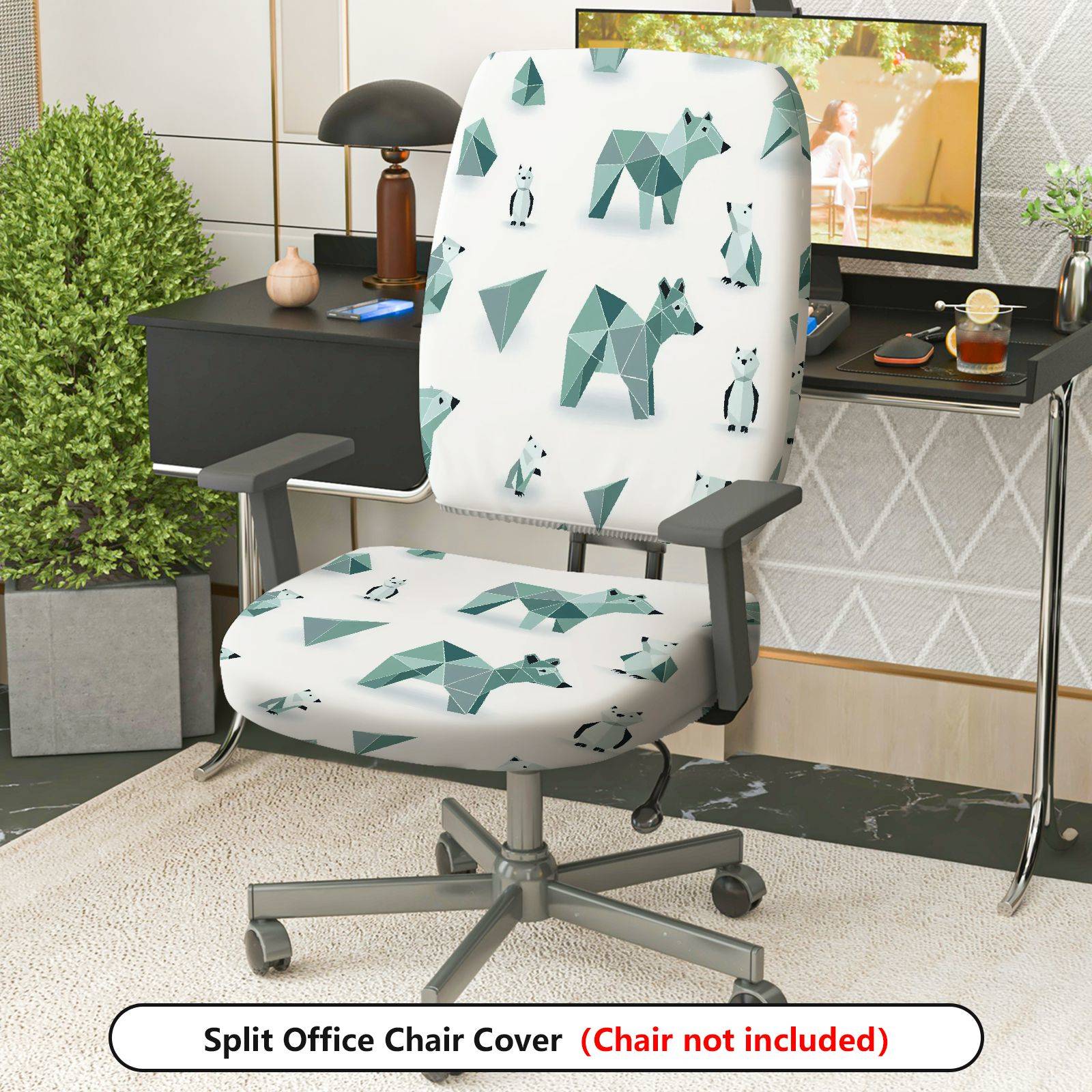 2-Piece Geometric Bear Penguin Animal Pattern  Computer Chair Cover Set, Seat and Backrest