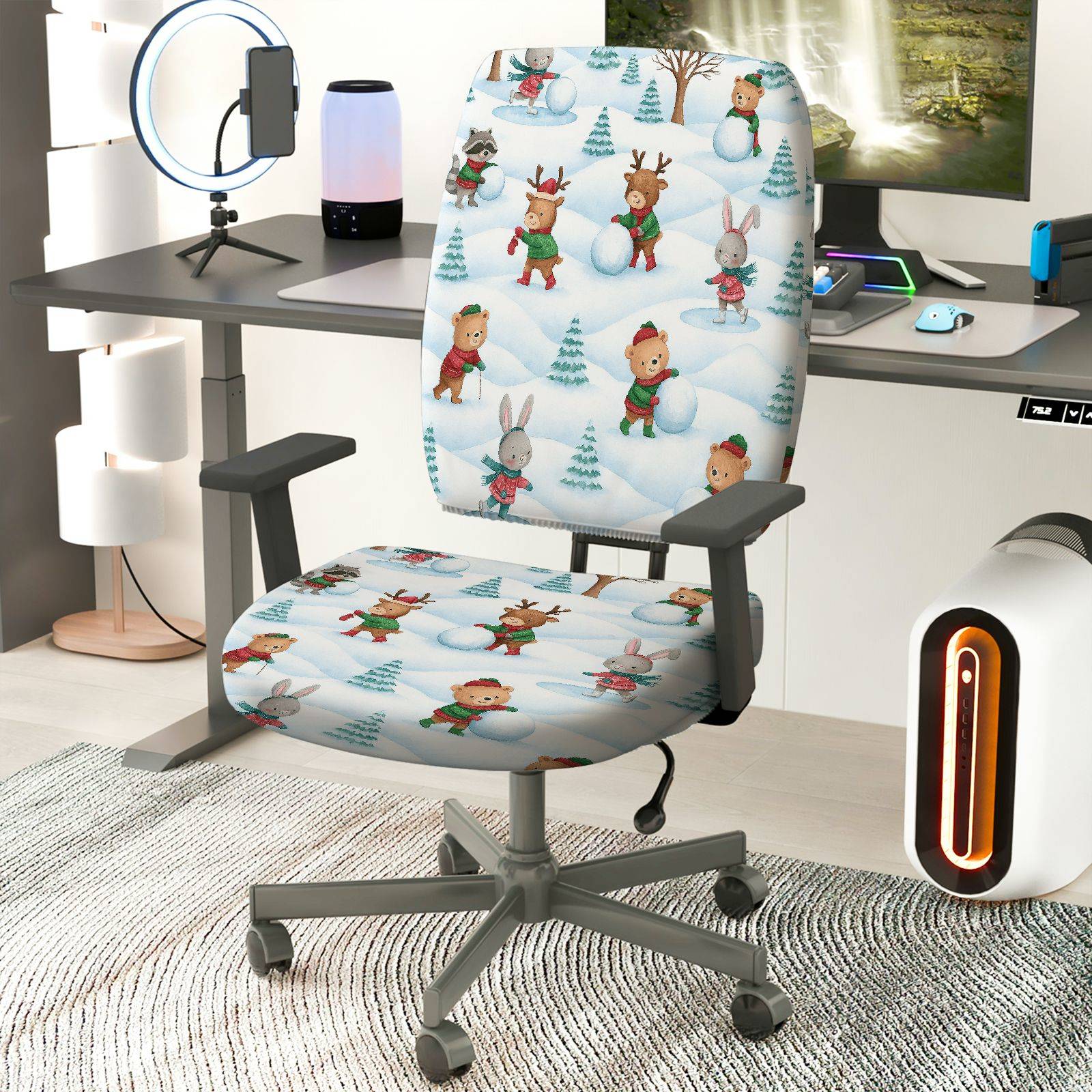 2-Piece Christmas Snowman Elk Rabbit Forest  Computer Chair Cover Set, Seat and Backrest