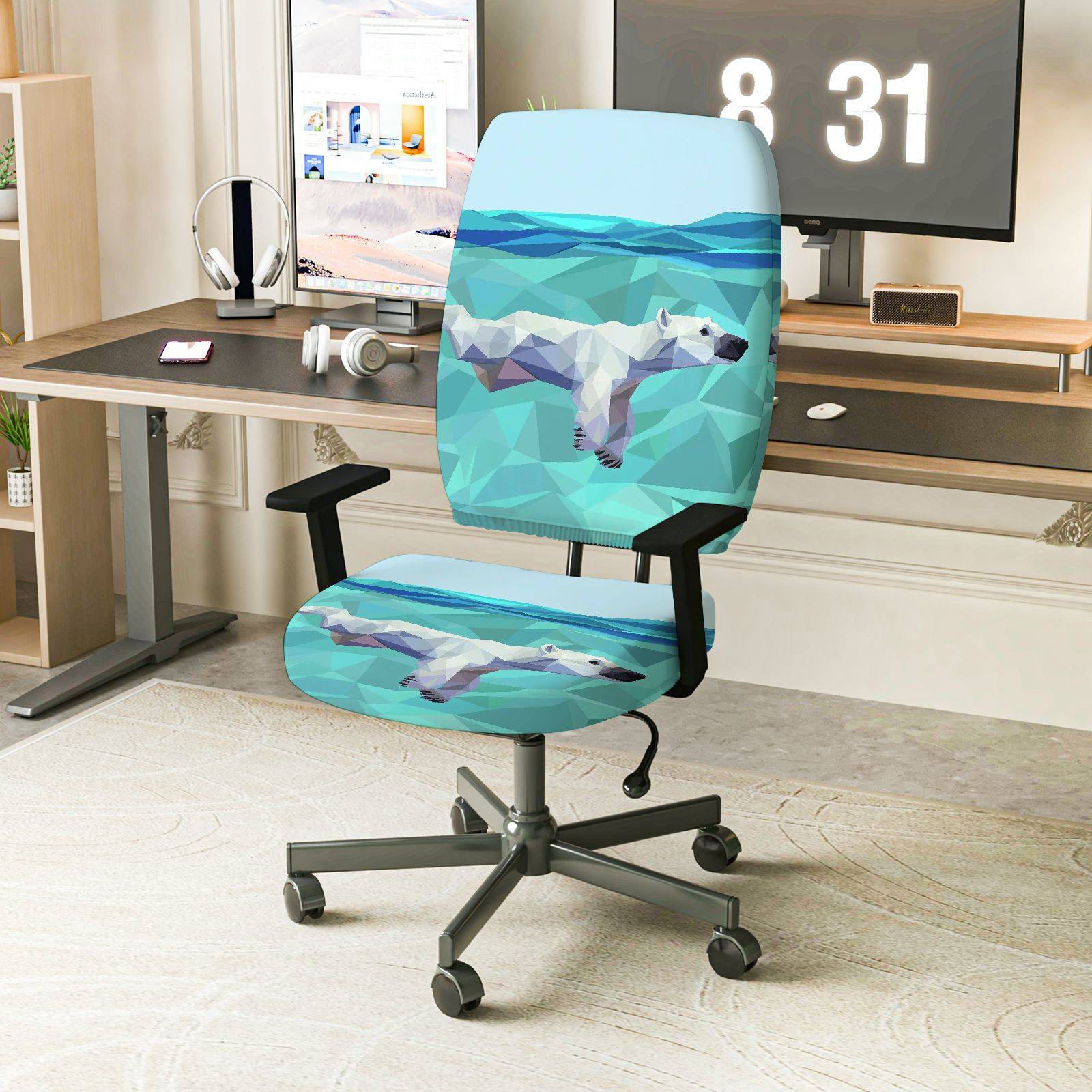 2-Piece Geometric Animal Polar Bear Blue Green Arctic Adjustable  Computer Chair Cover Set, Seat and Backrest