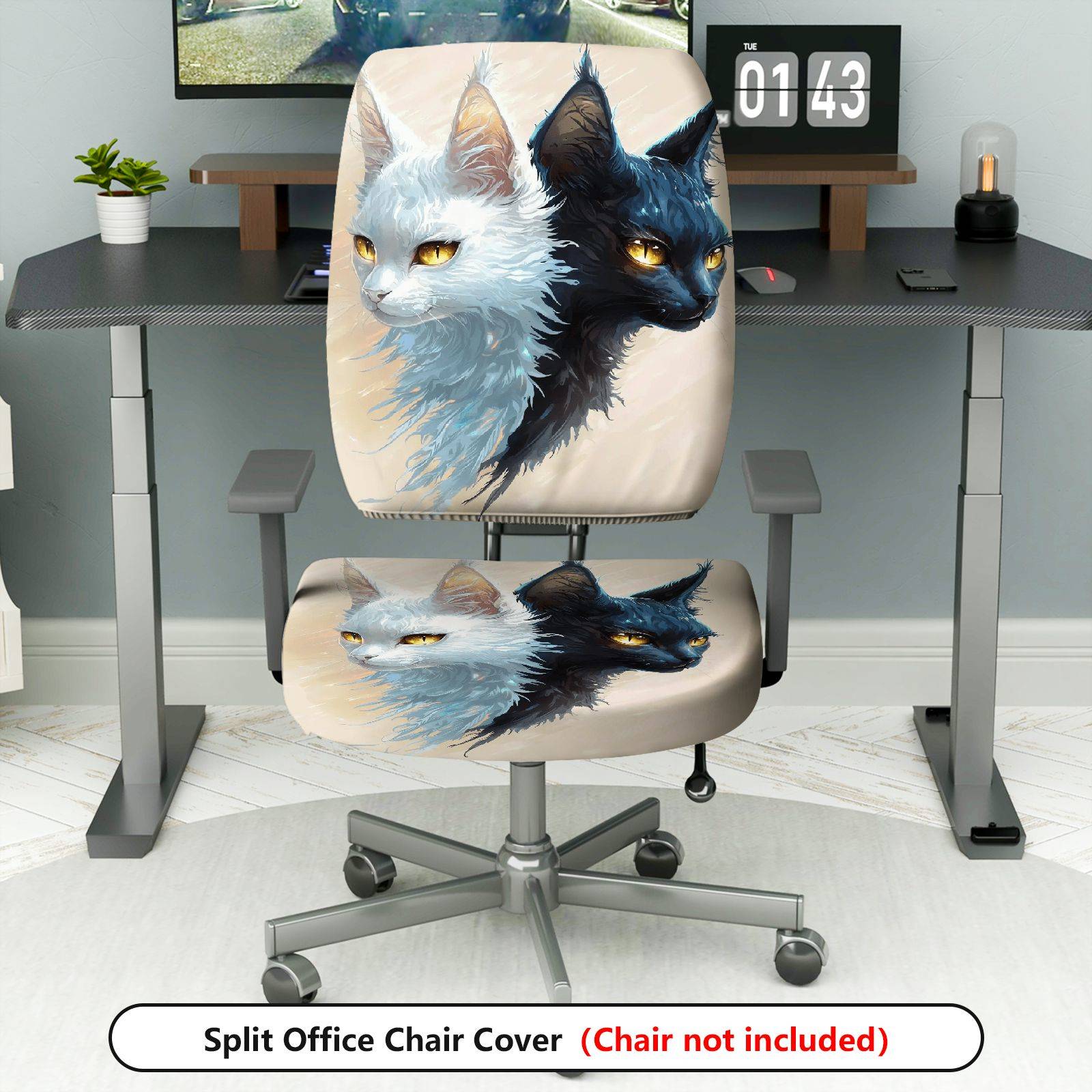 2-Piece Artistic Dual Cats Ink Painting Stylish Modern Unique  Computer Chair Cover Set, Seat and Backrest