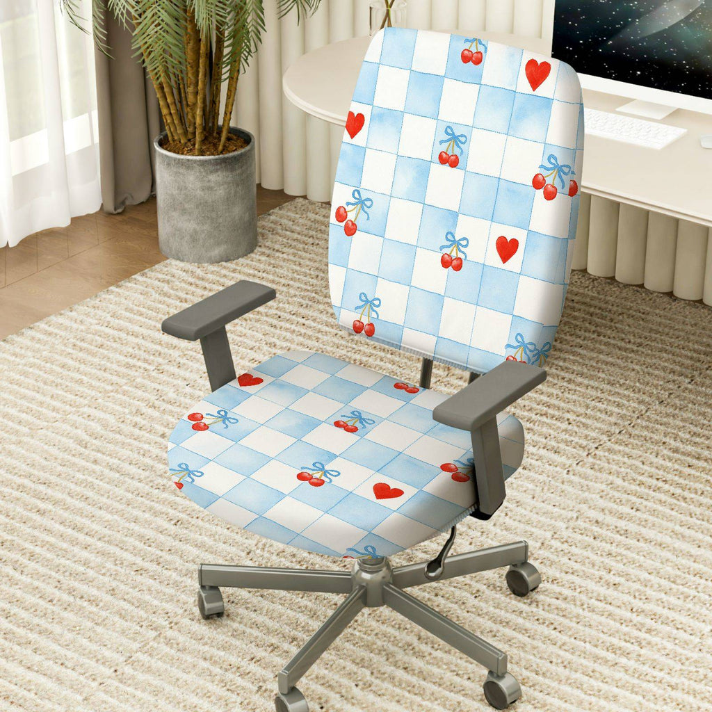 2-Piece Red Heart Cherry Bowknot Plaid  Computer Chair Cover Set, Seat and Backrest